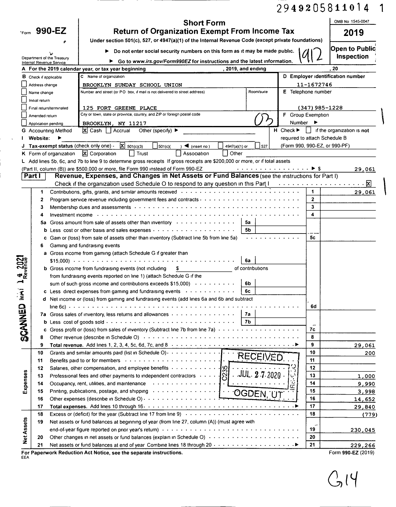 Image of first page of 2019 Form 990EZ for Brooklyn Sunday School Union