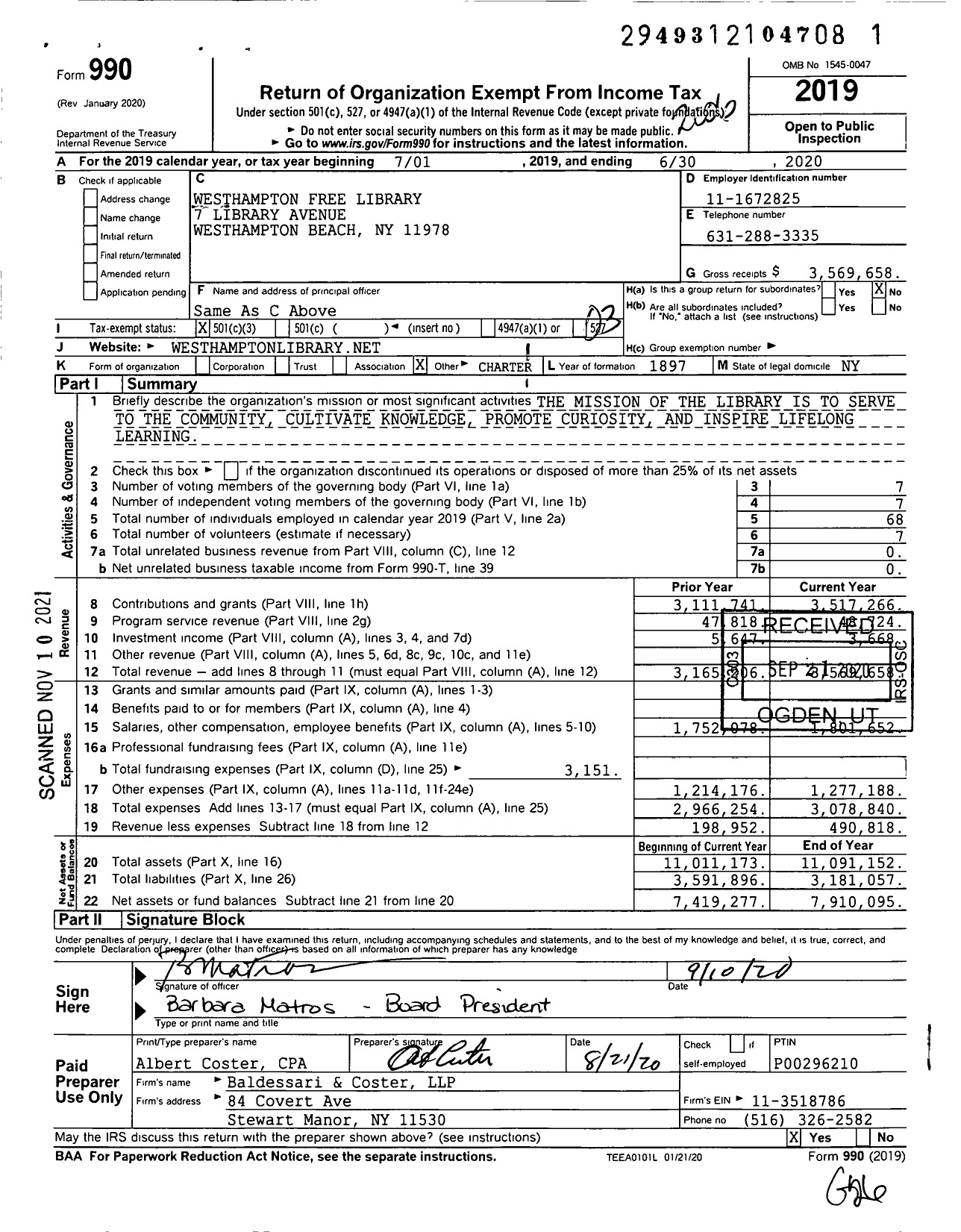 Image of first page of 2019 Form 990 for Westhampton Free Library