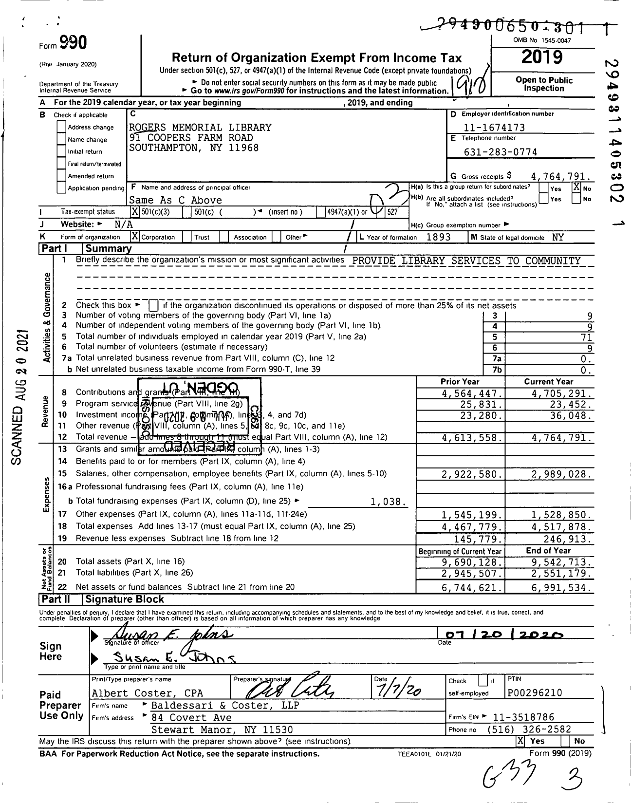 Image of first page of 2019 Form 990 for Rogers Memorial Library