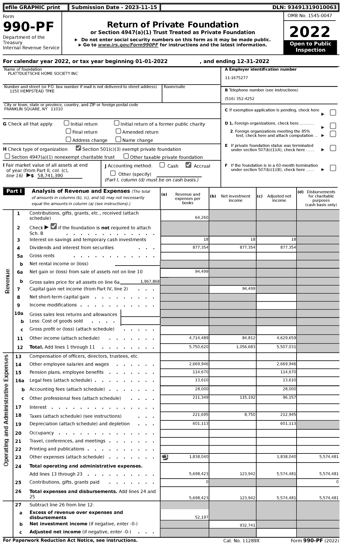 Image of first page of 2022 Form 990PF for Plattduetsche Home Society