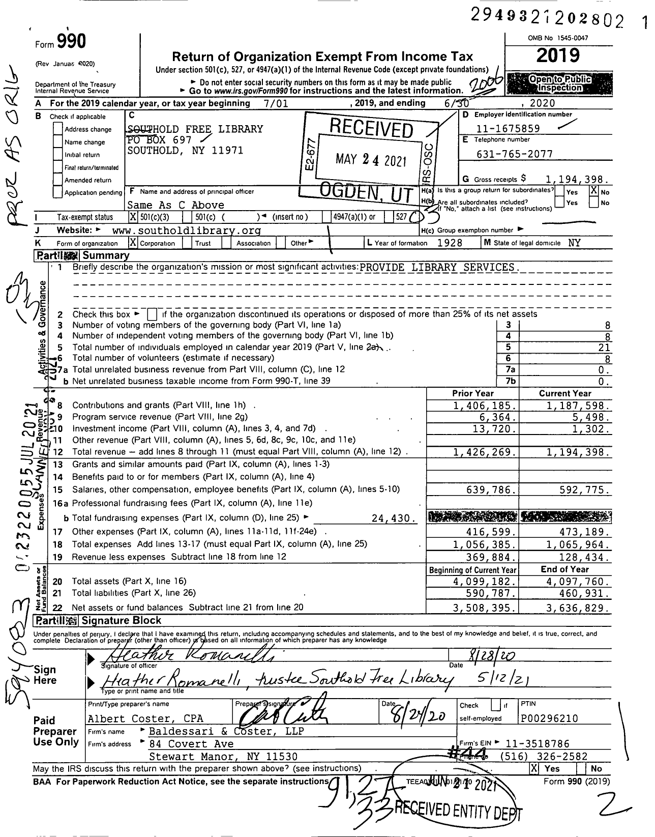 Image of first page of 2019 Form 990 for Southold Free Library