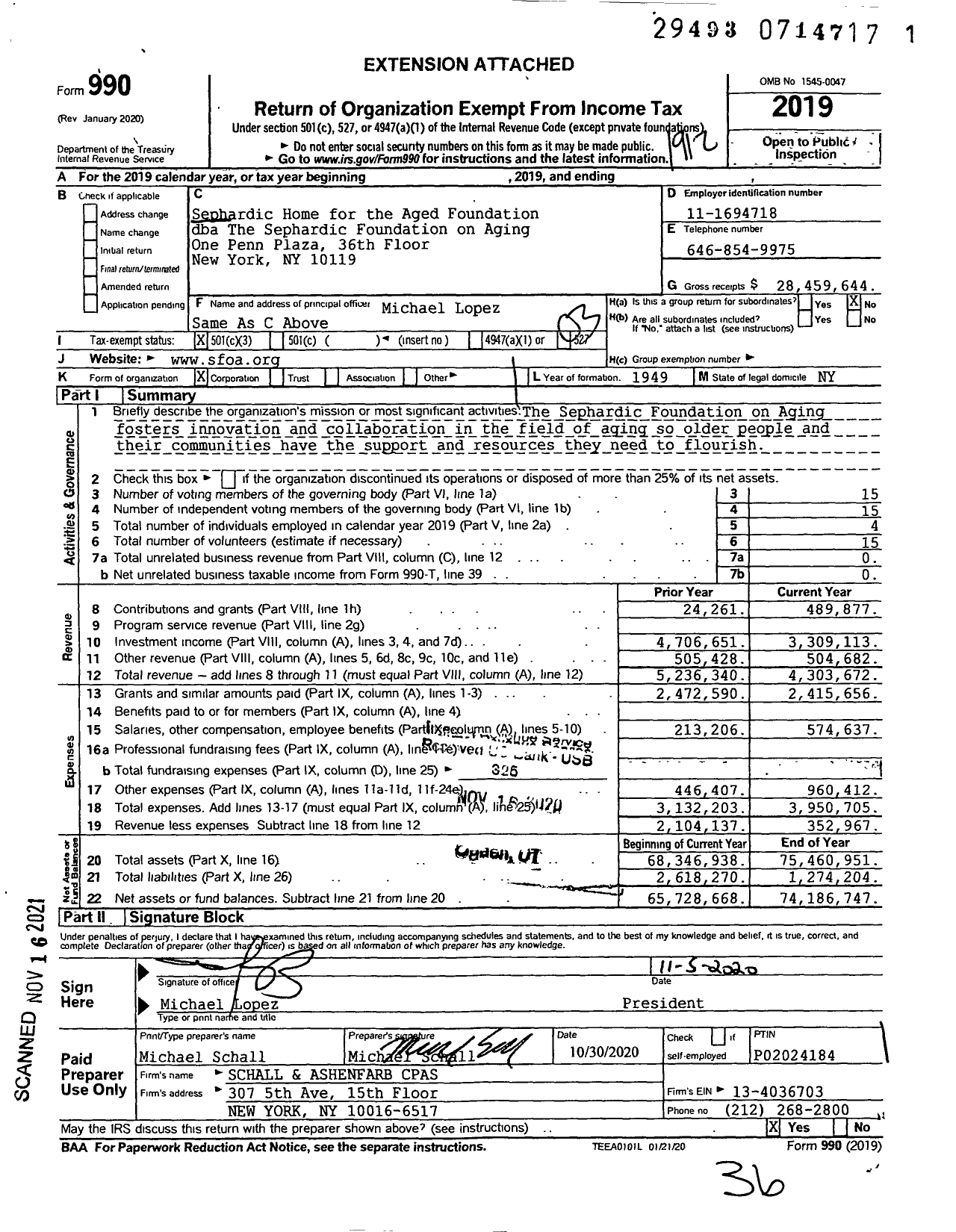 Image of first page of 2019 Form 990 for the Sephardic Foundation on Aging