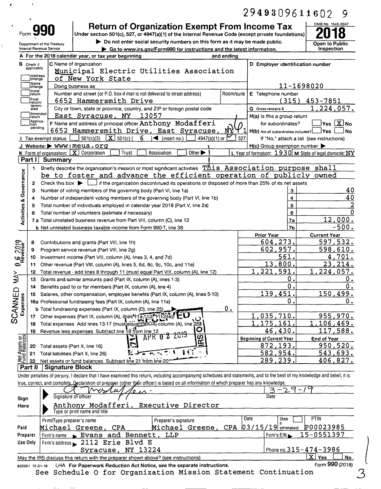 Image of first page of 2018 Form 990O for Municipal Electric Utilities of New York Association of New York State (MEUA)