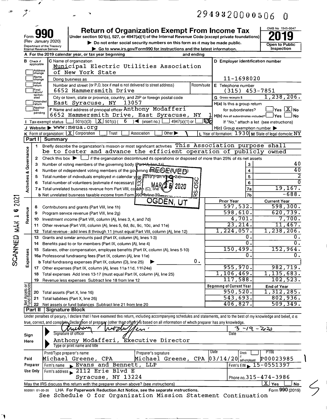 Image of first page of 2019 Form 990O for Municipal Electric Utilities of New York Association of New York State (MEUA)