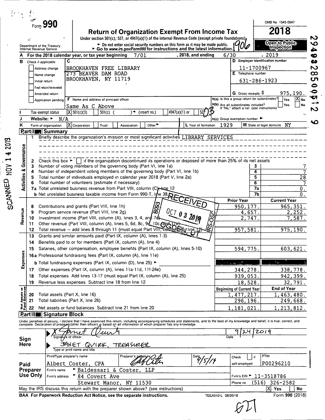 Image of first page of 2018 Form 990 for Brookhaven Free Library