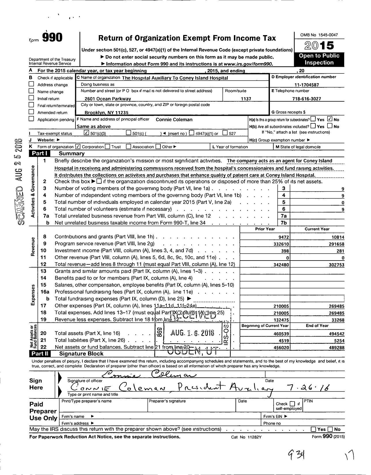 Image of first page of 2015 Form 990 for South Brooklyn Health Auxlliary Fna the Hospital Auxiliary To Coney Isla