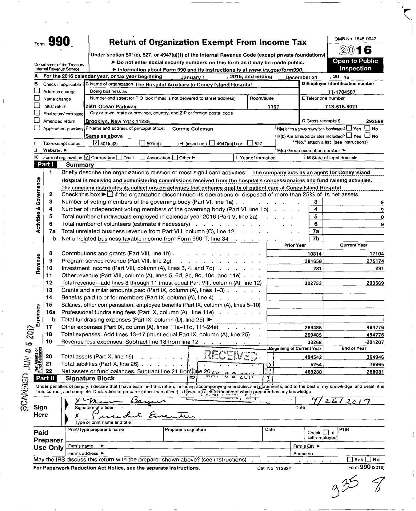 Image of first page of 2016 Form 990 for South Brooklyn Health Auxlliary Fna the Hospital Auxiliary To Coney Isla