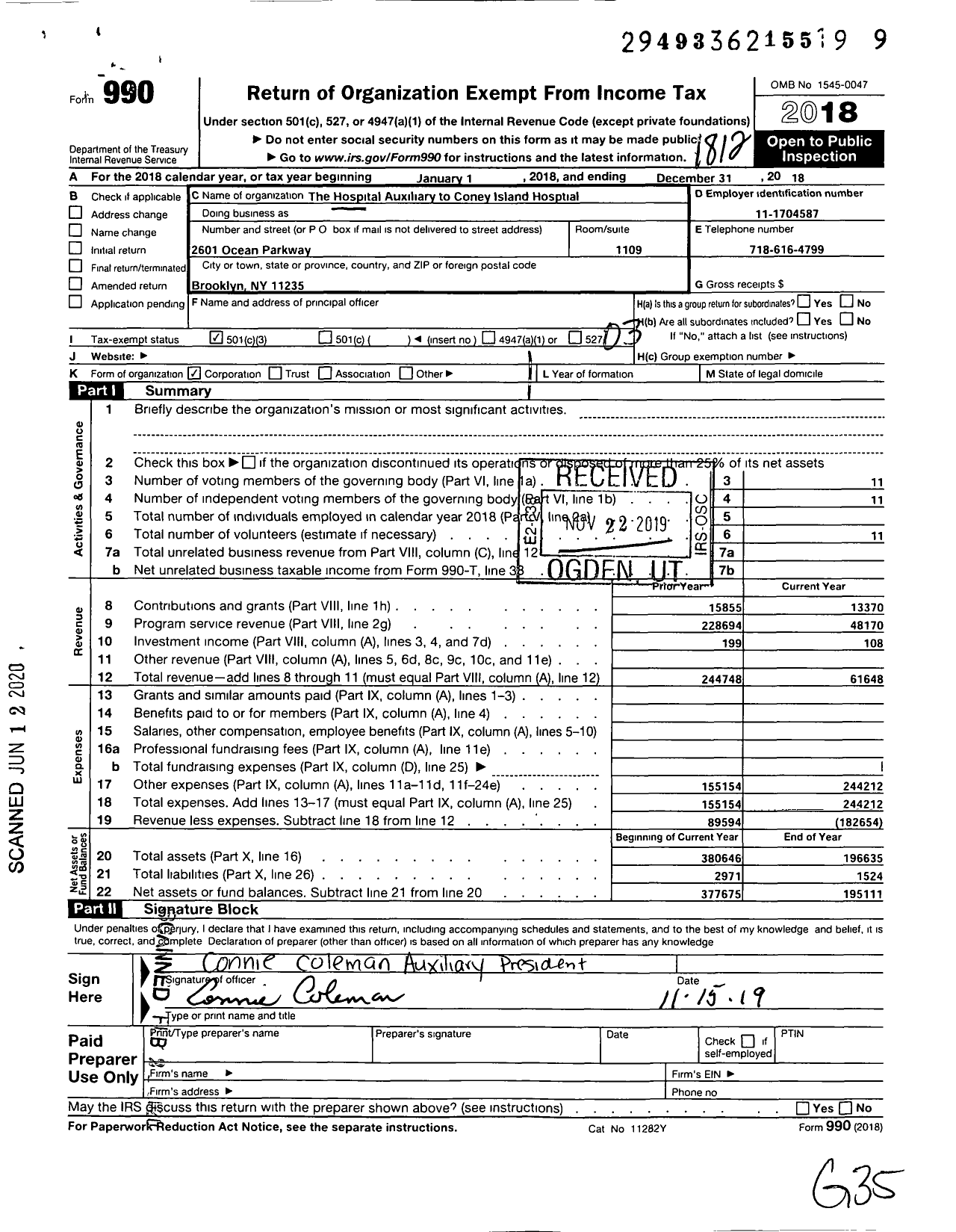 Image of first page of 2018 Form 990 for South Brooklyn Health Auxlliary Fna the Hospital Auxiliary To Coney Isla