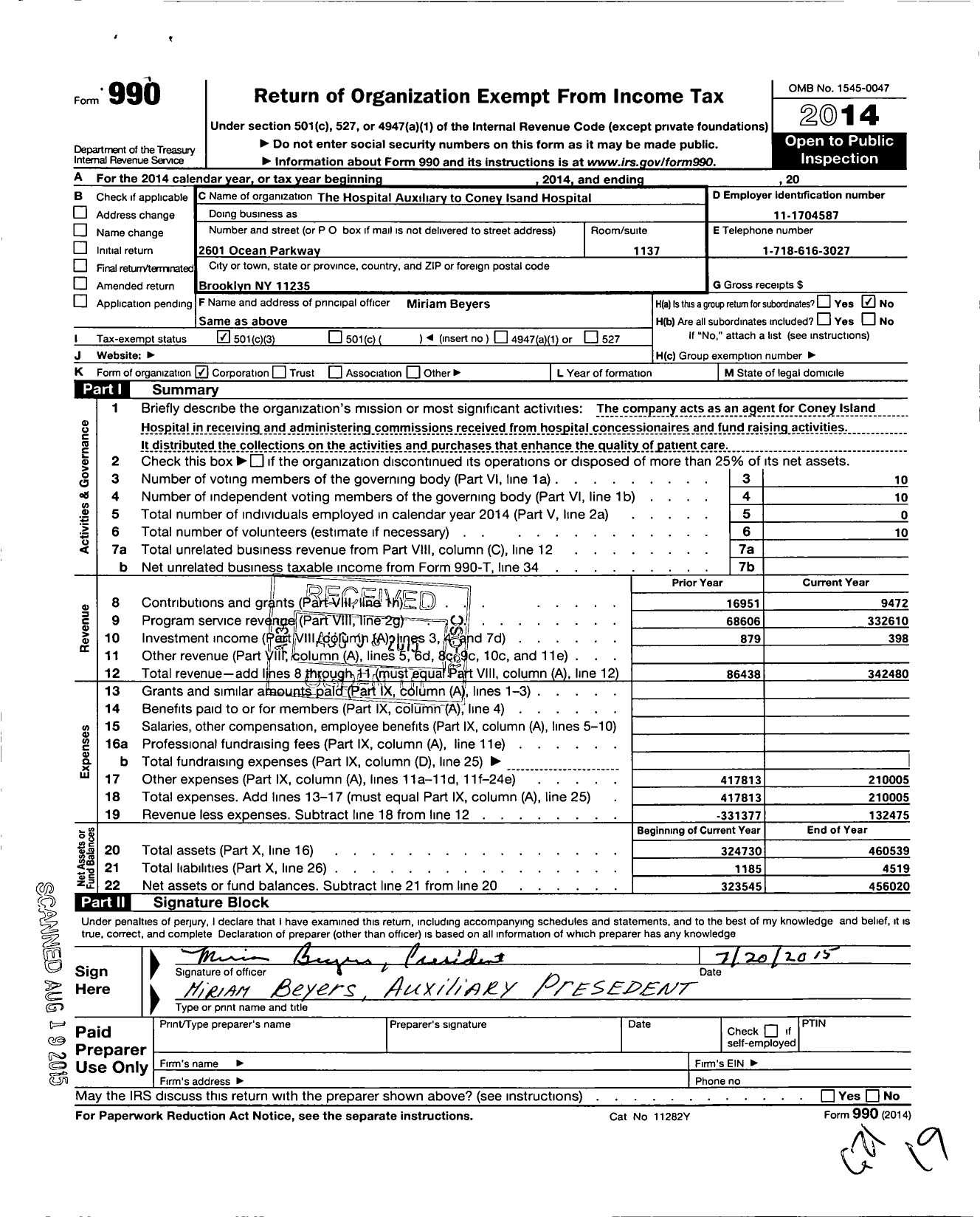 Image of first page of 2014 Form 990 for South Brooklyn Health Auxlliary Fna the Hospital Auxiliary To Coney Isla