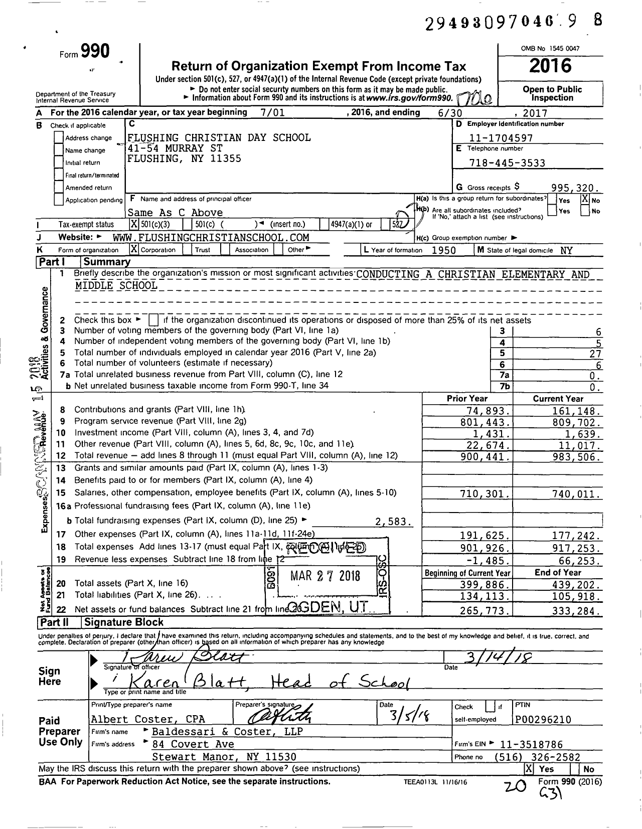Image of first page of 2016 Form 990 for Flushing Christian Day School