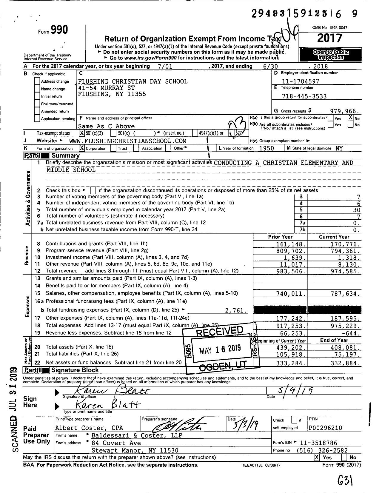 Image of first page of 2017 Form 990 for Flushing Christian Day School