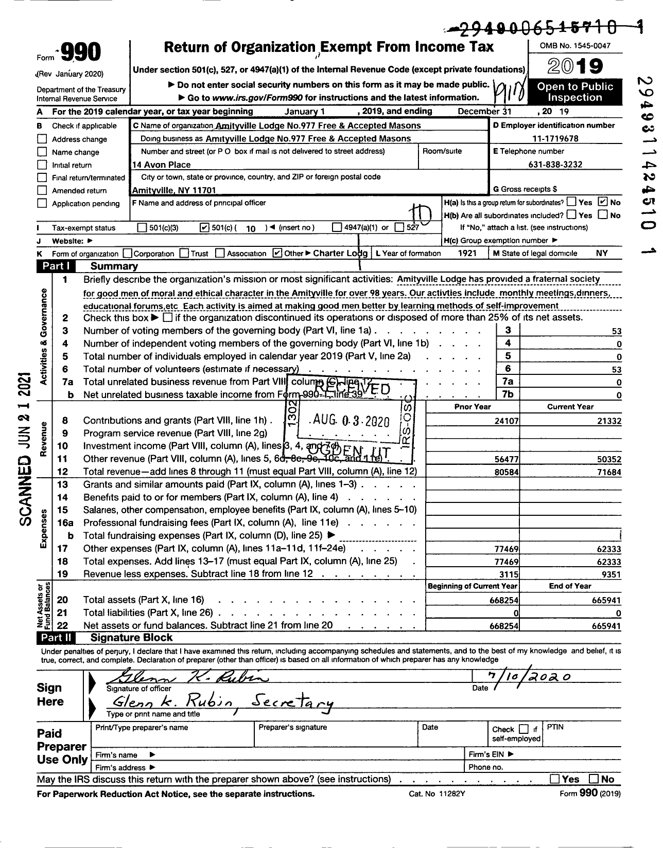 Image of first page of 2019 Form 990O for Amityville Lodge No977 Free and Accepted Masons