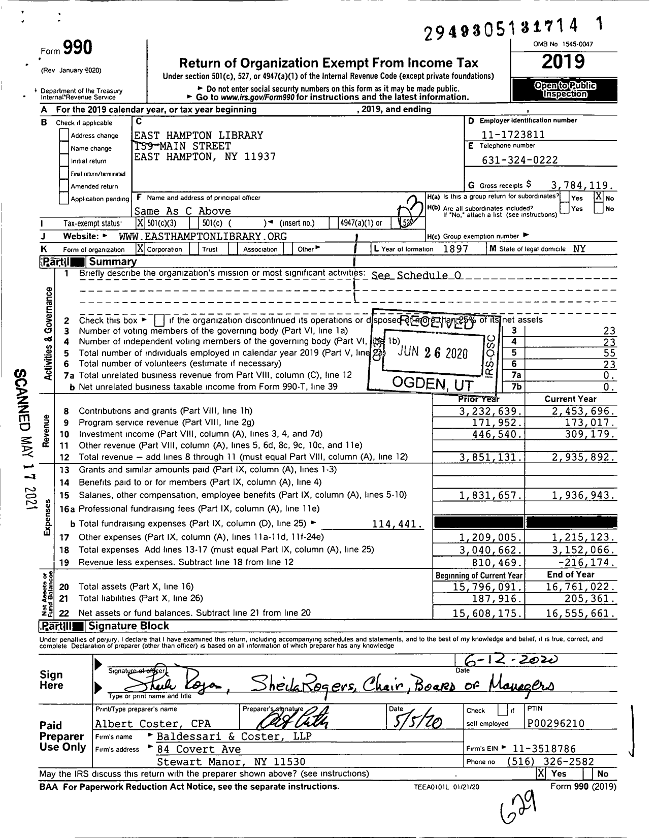 Image of first page of 2019 Form 990 for East Hampton Library