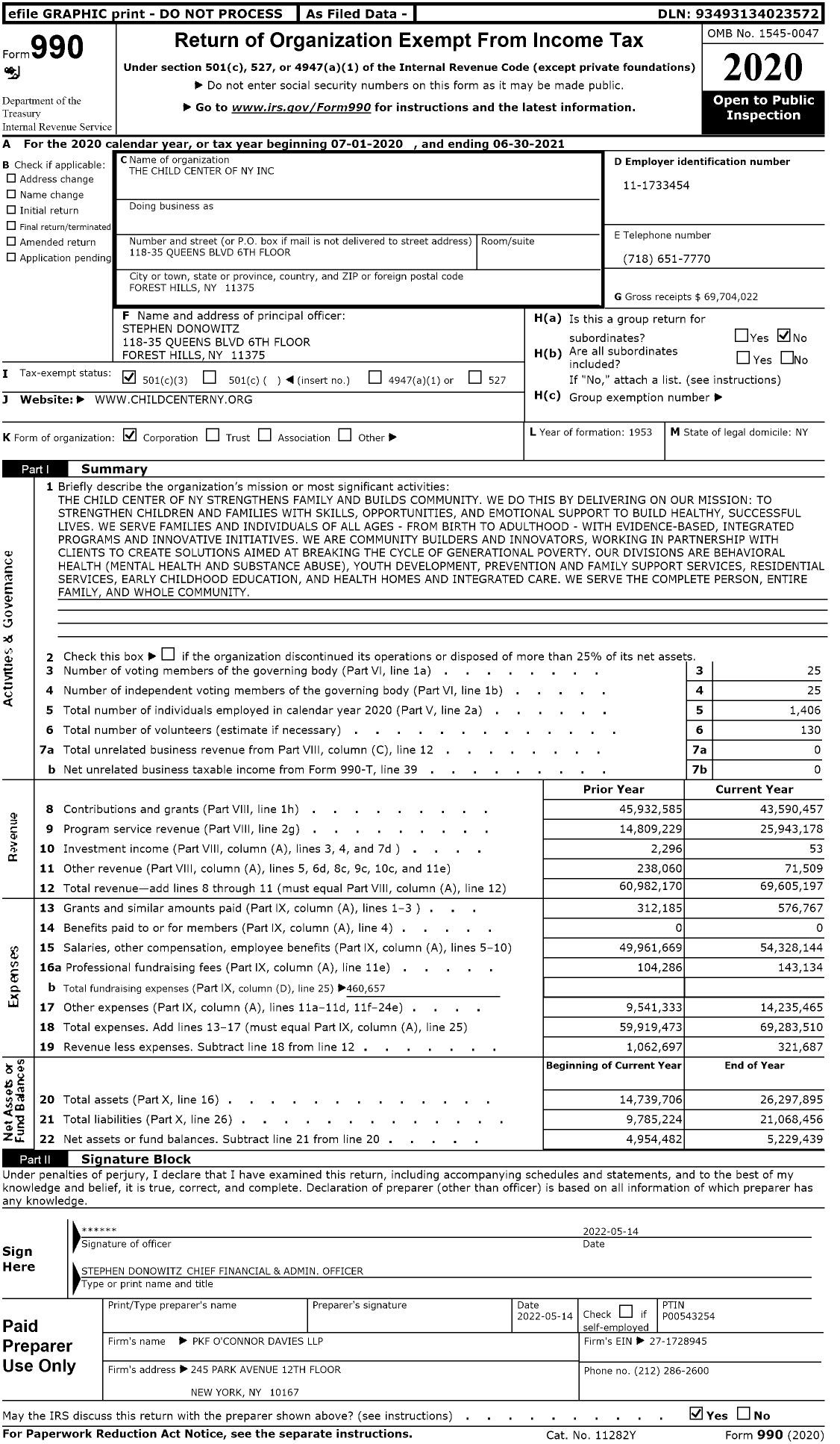 Image of first page of 2020 Form 990 for The Child Center of Ny