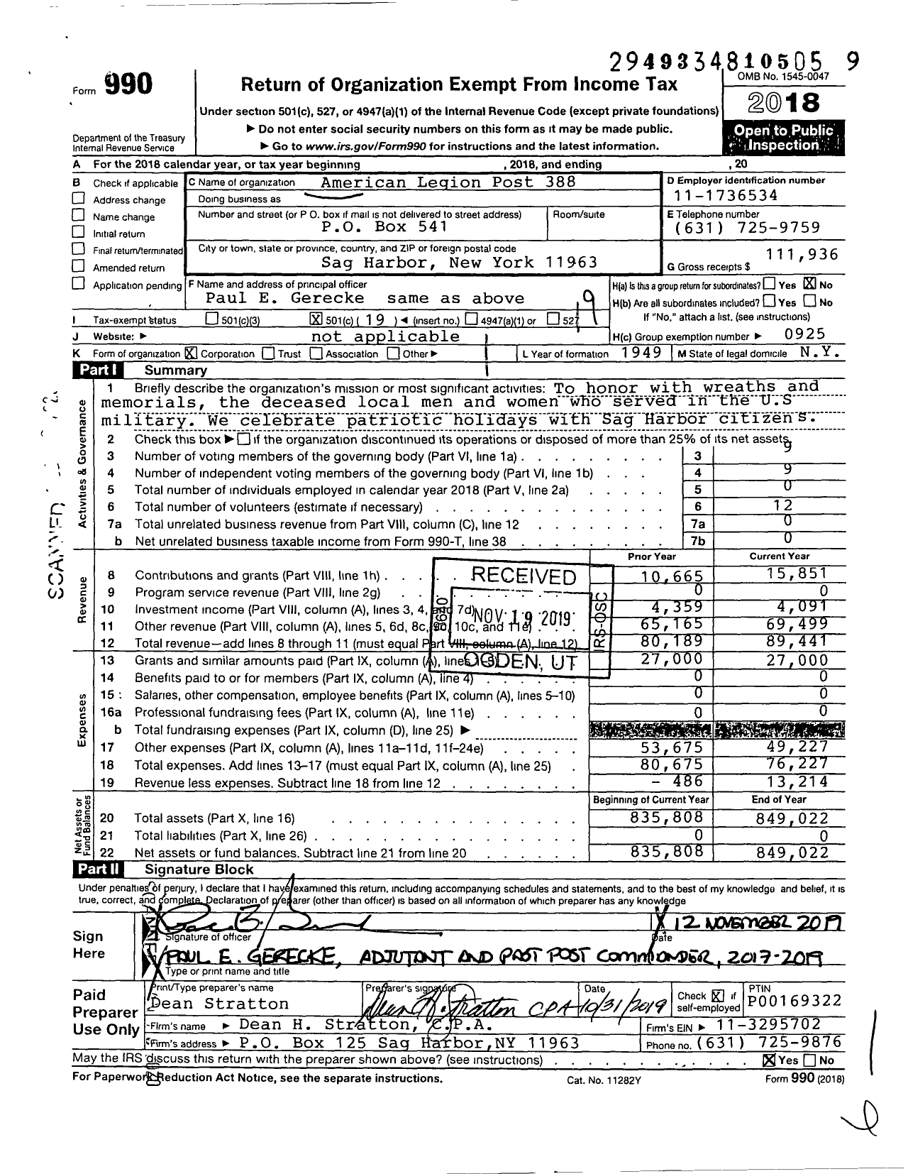 Image of first page of 2018 Form 990O for American Legion Post 388