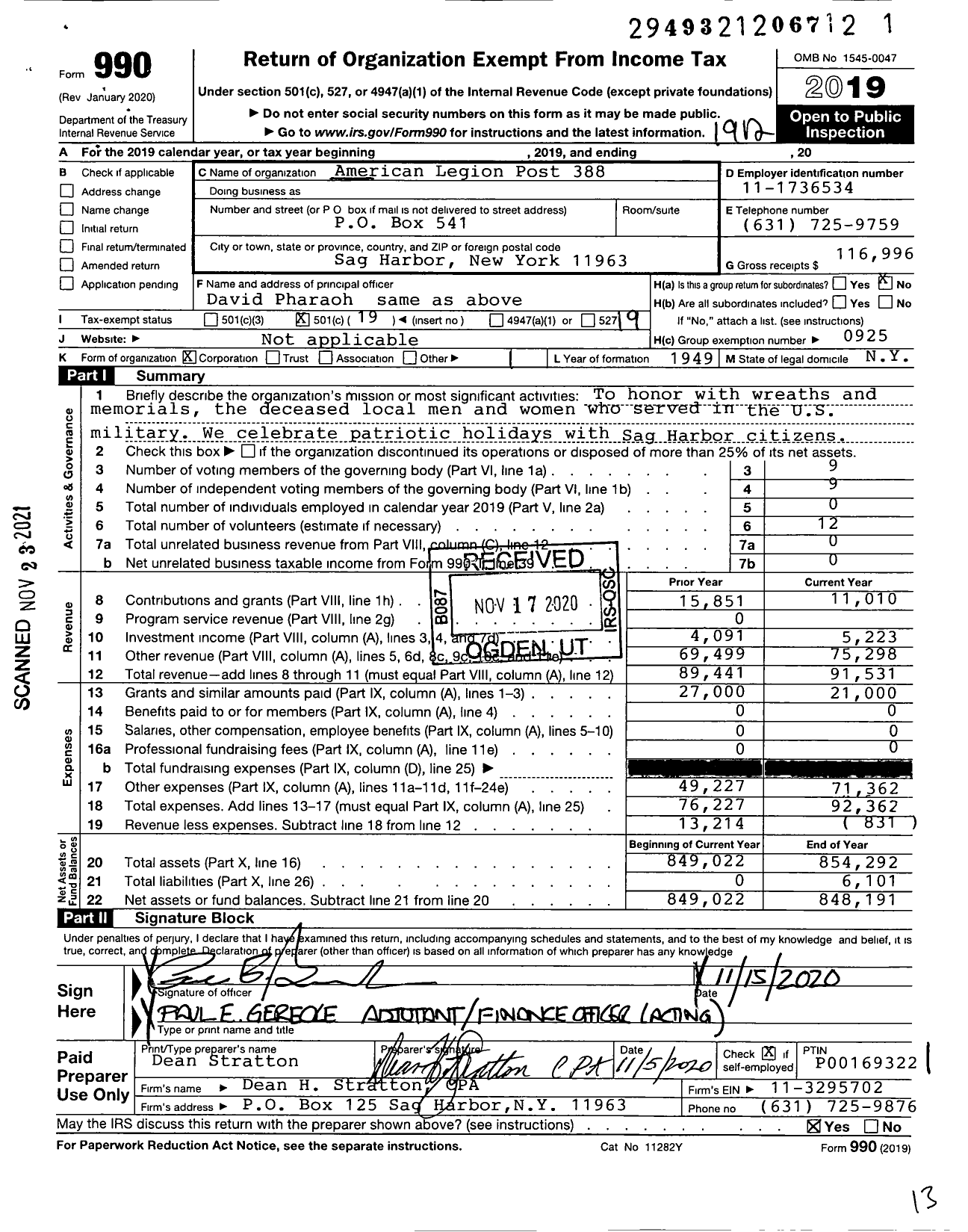 Image of first page of 2019 Form 990O for American Legion Post 388