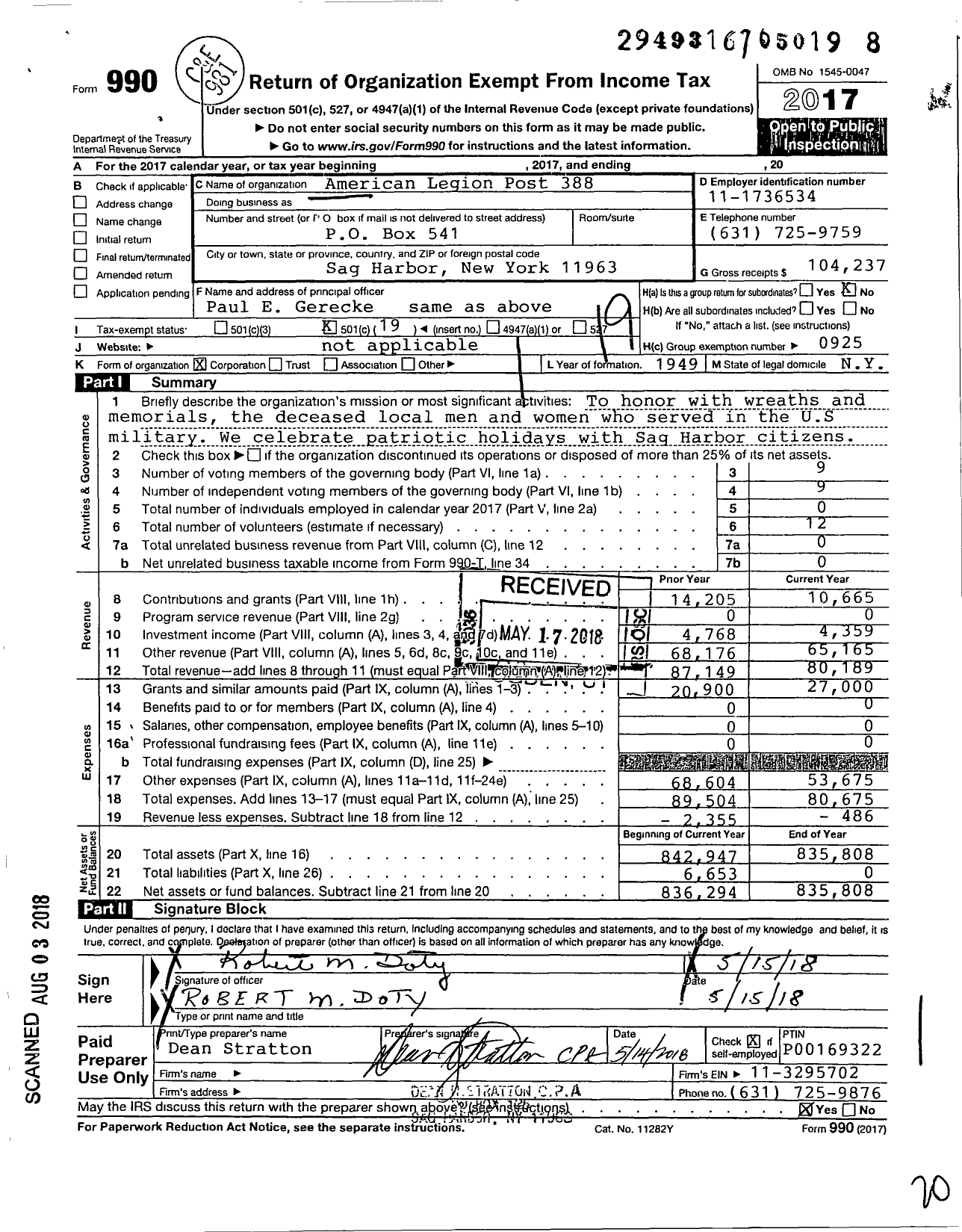 Image of first page of 2017 Form 990O for American Legion Post 388