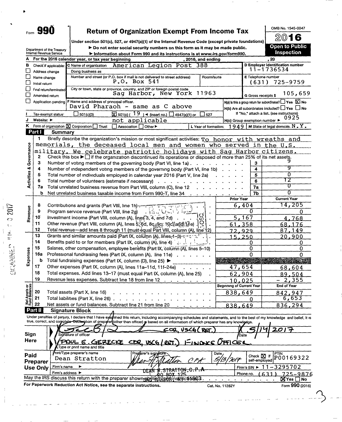 Image of first page of 2016 Form 990O for American Legion Post 388