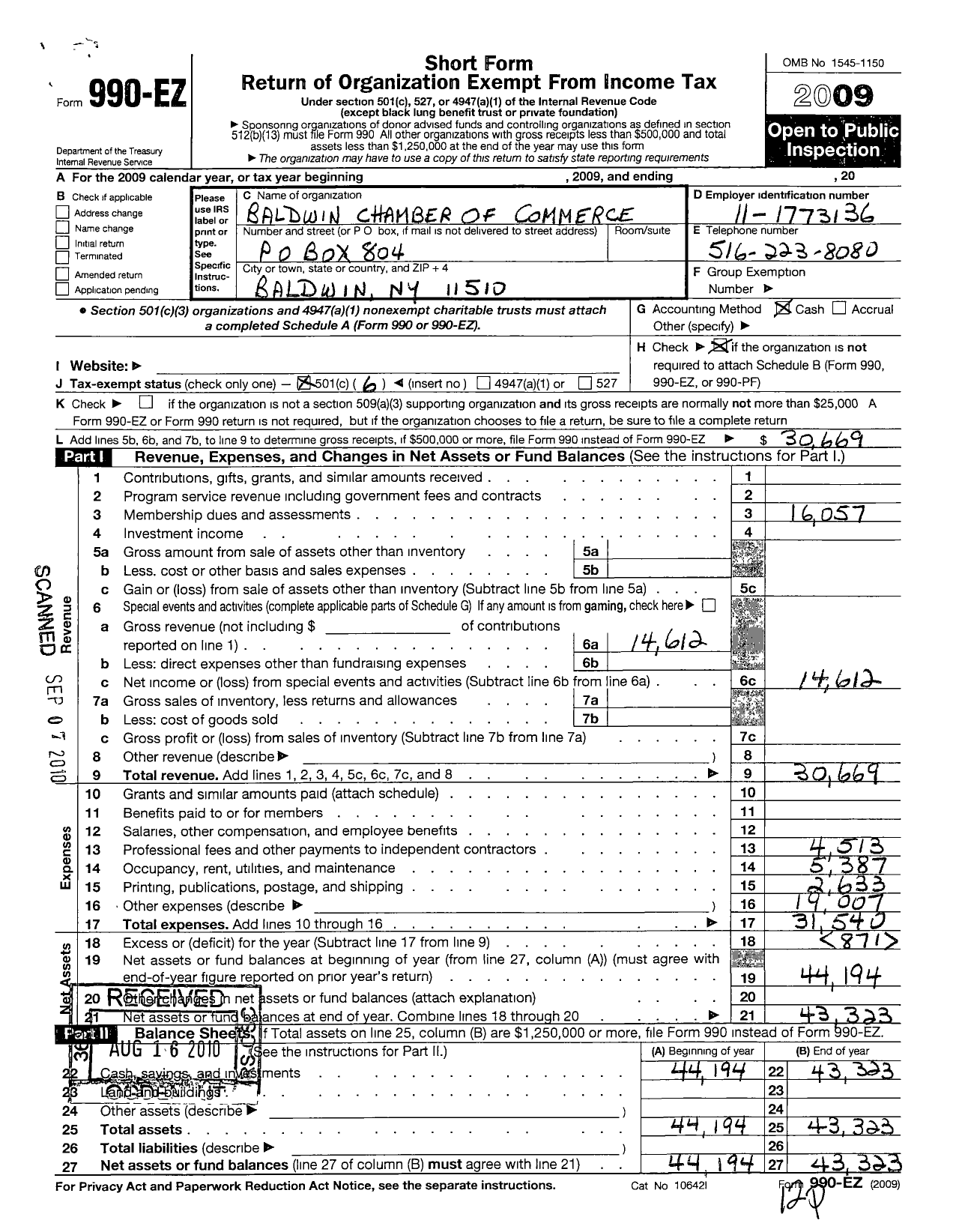 Image of first page of 2009 Form 990EO for Baldwin Chamber of Commerce