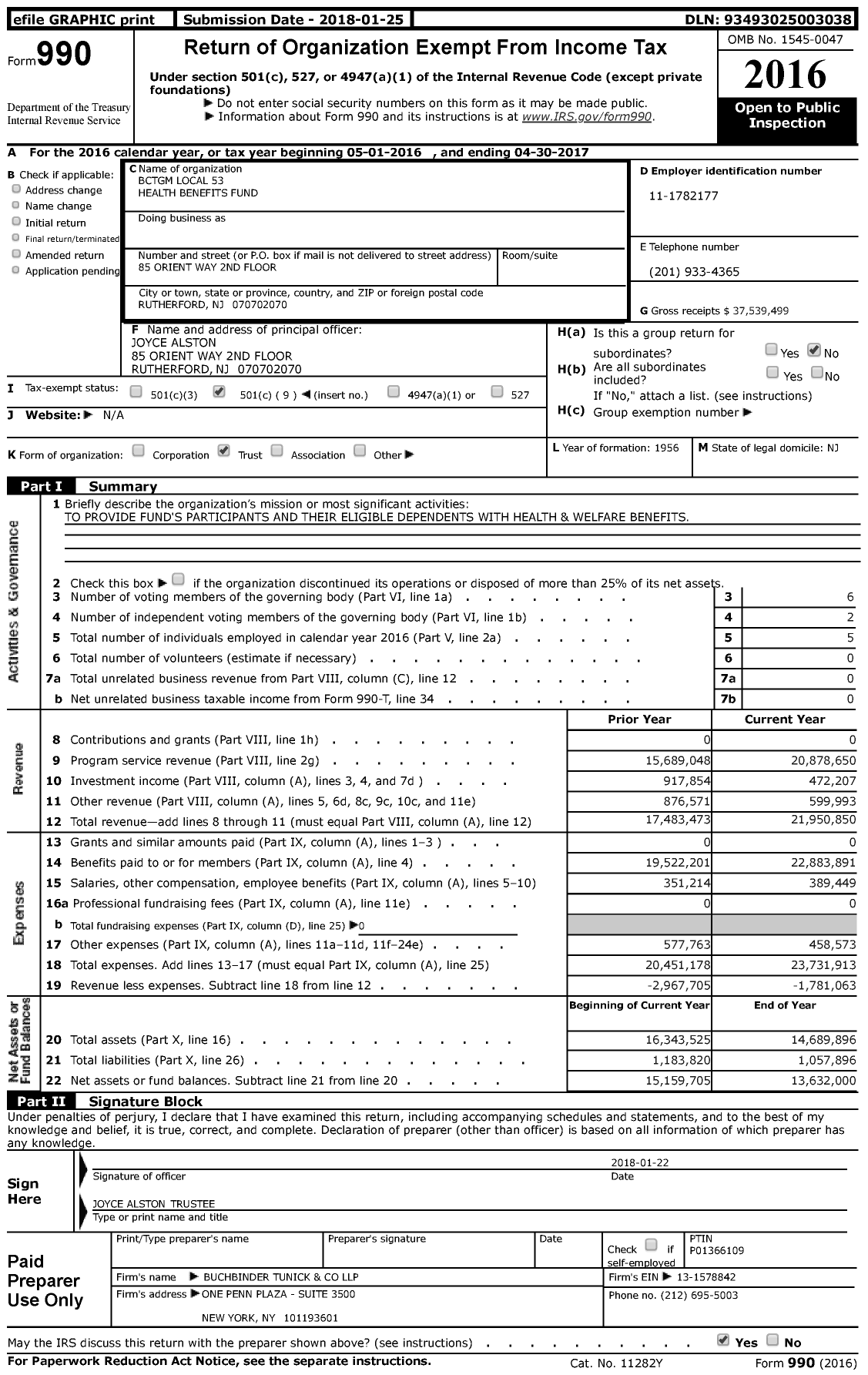 Image of first page of 2016 Form 990 for BCTGM Local 53 Health Benefits Fund