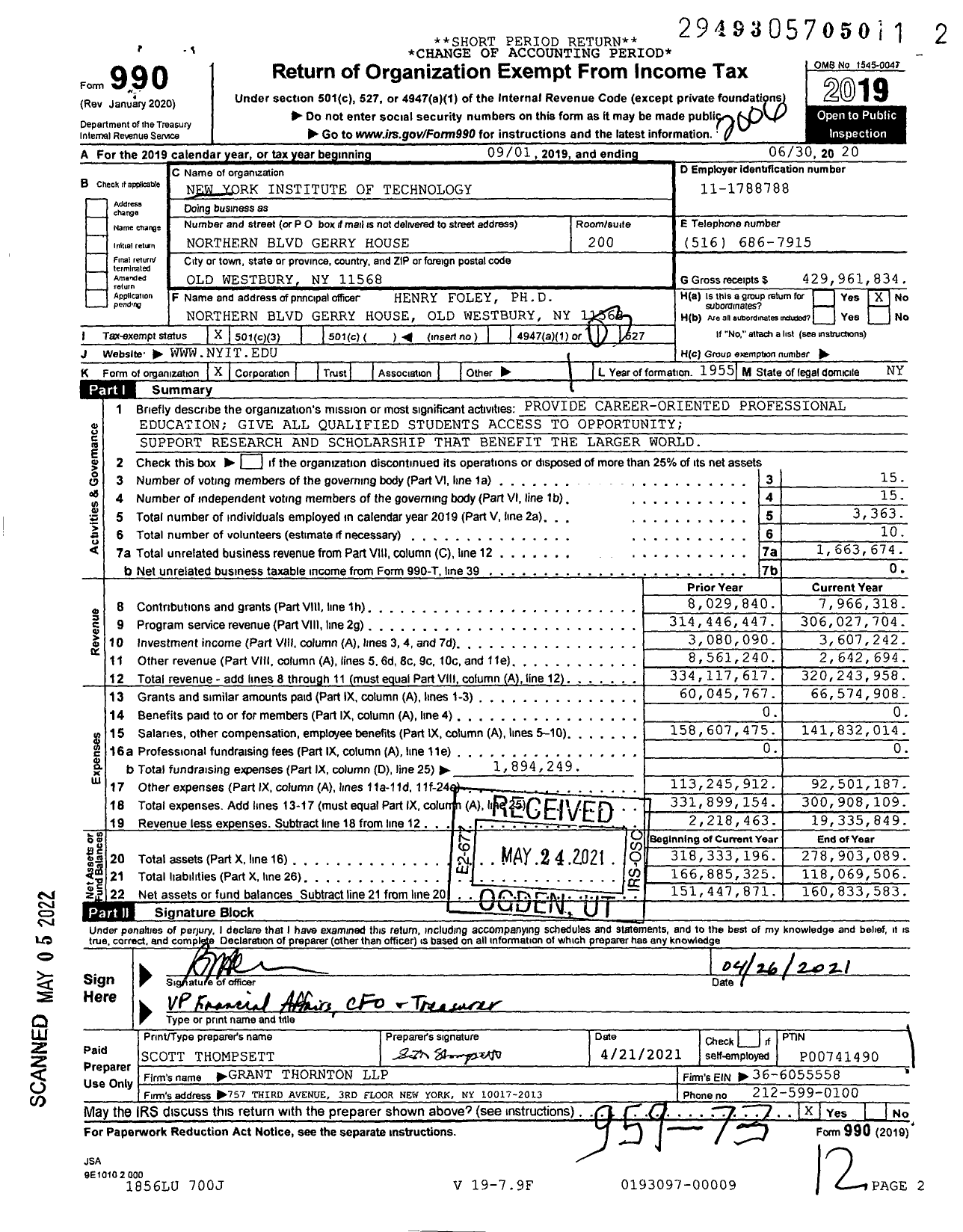 Image of first page of 2019 Form 990 for New York Institute of Technology (NYIT)