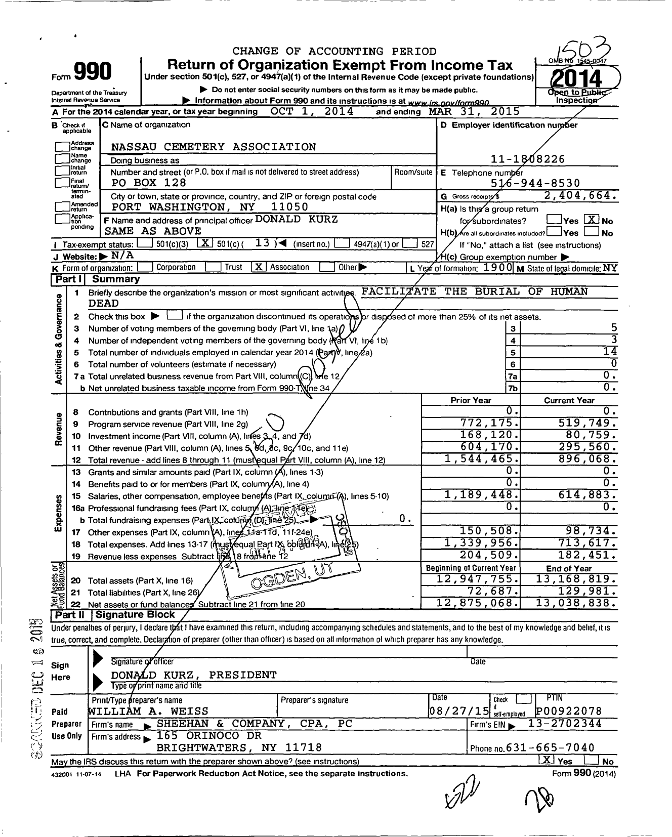 Image of first page of 2014 Form 990O for Nassau Cemetery Association