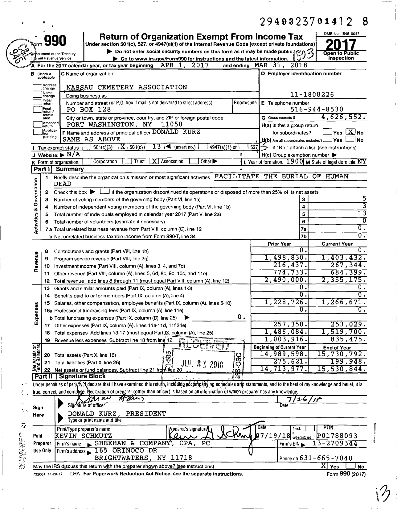 Image of first page of 2017 Form 990O for Nassau Cemetery Association