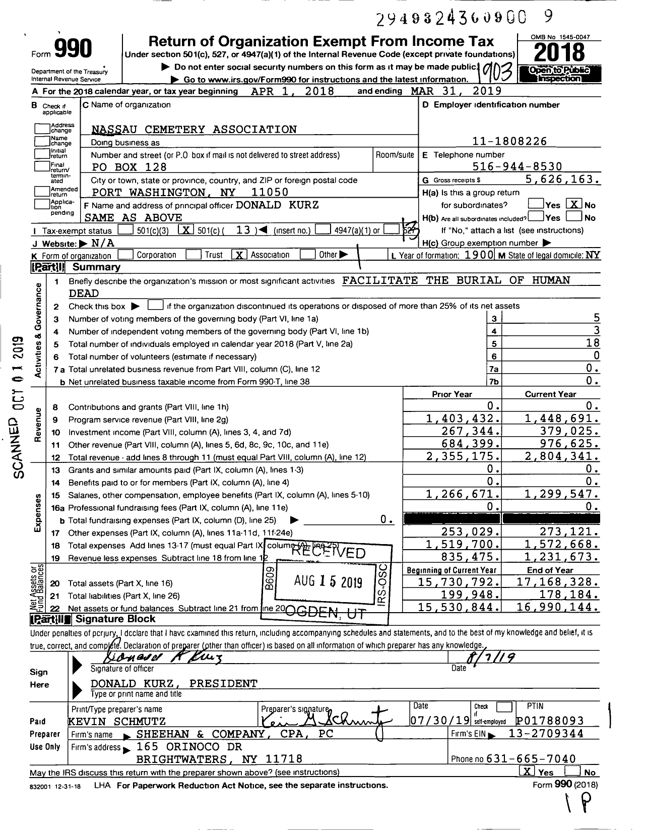 Image of first page of 2018 Form 990O for Nassau Cemetery Association