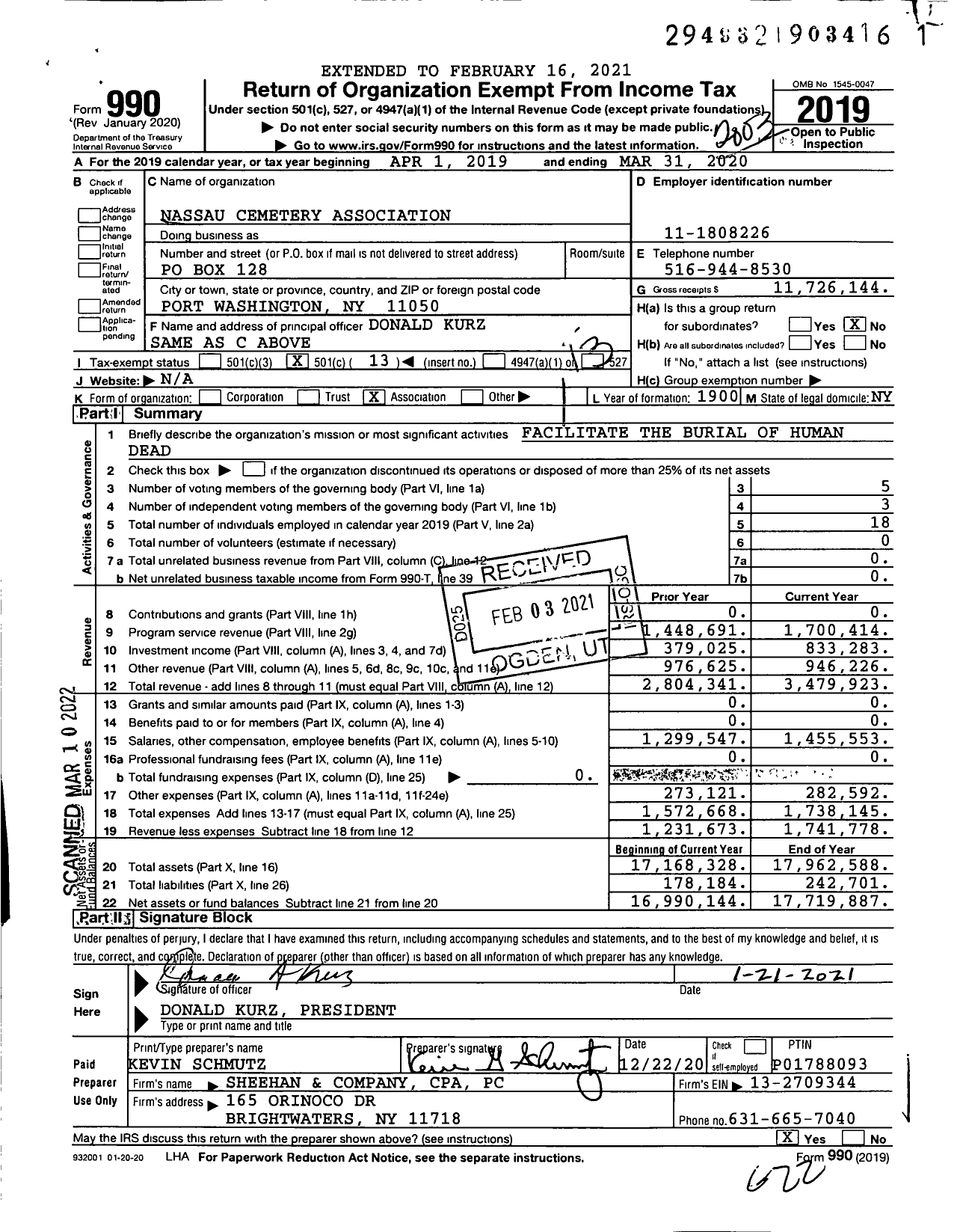 Image of first page of 2019 Form 990O for Nassau Cemetery Association