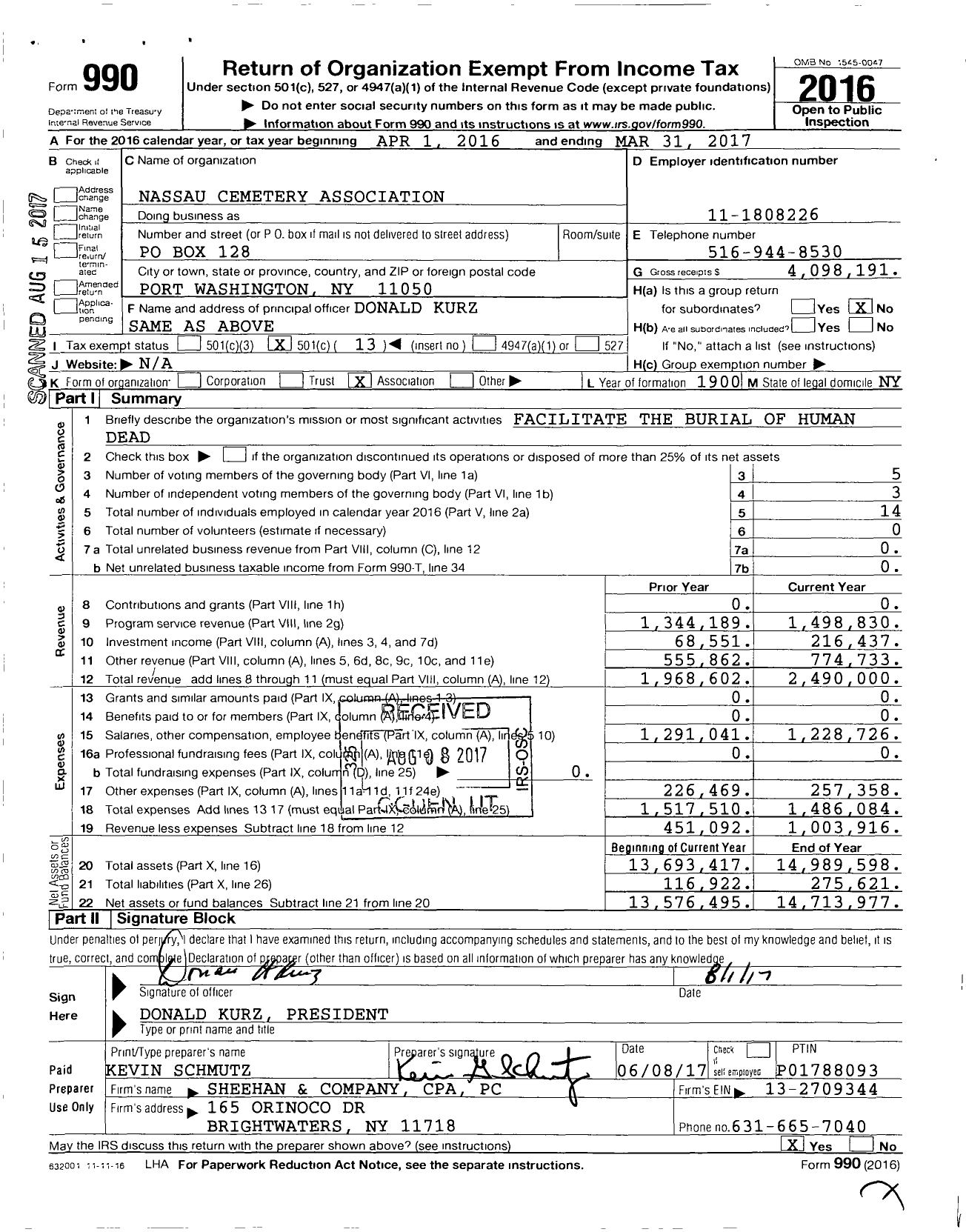Image of first page of 2016 Form 990O for Nassau Cemetery Association