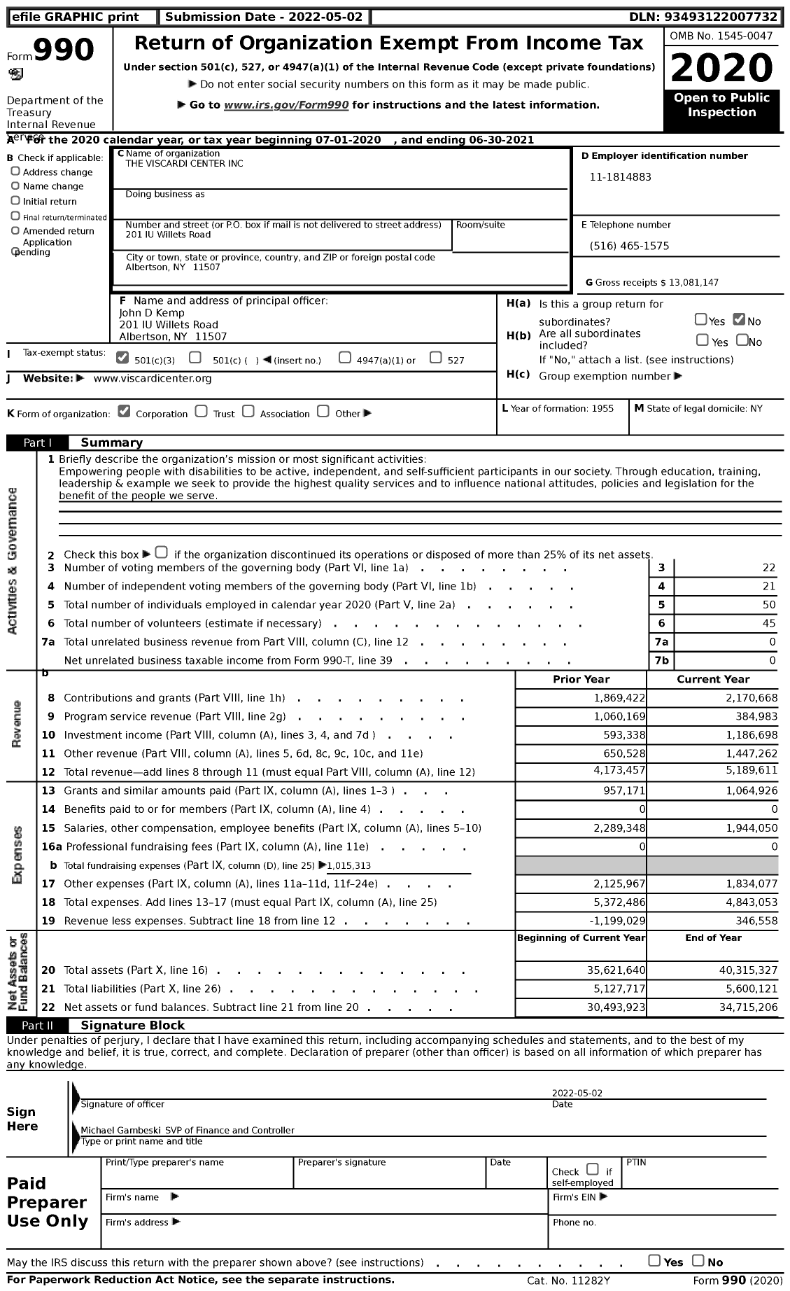 Image of first page of 2020 Form 990 for The Viscardi Center