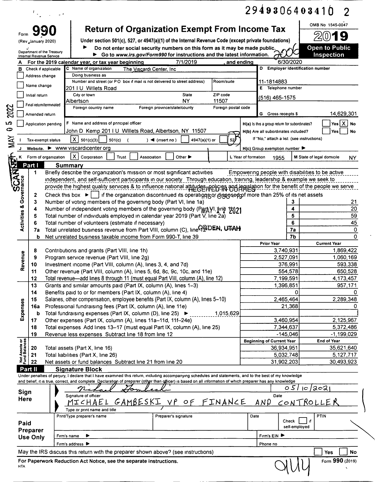 Image of first page of 2019 Form 990 for The Viscardi Center