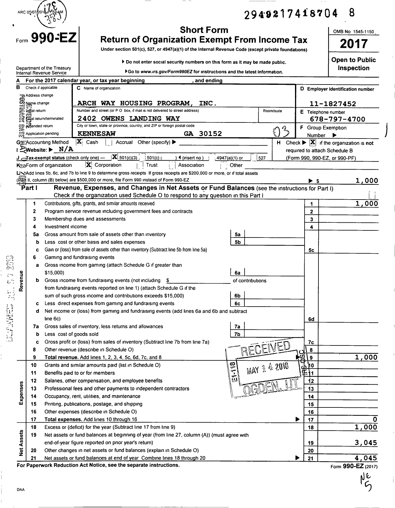 Image of first page of 2017 Form 990EZ for Arch Way Housing Program