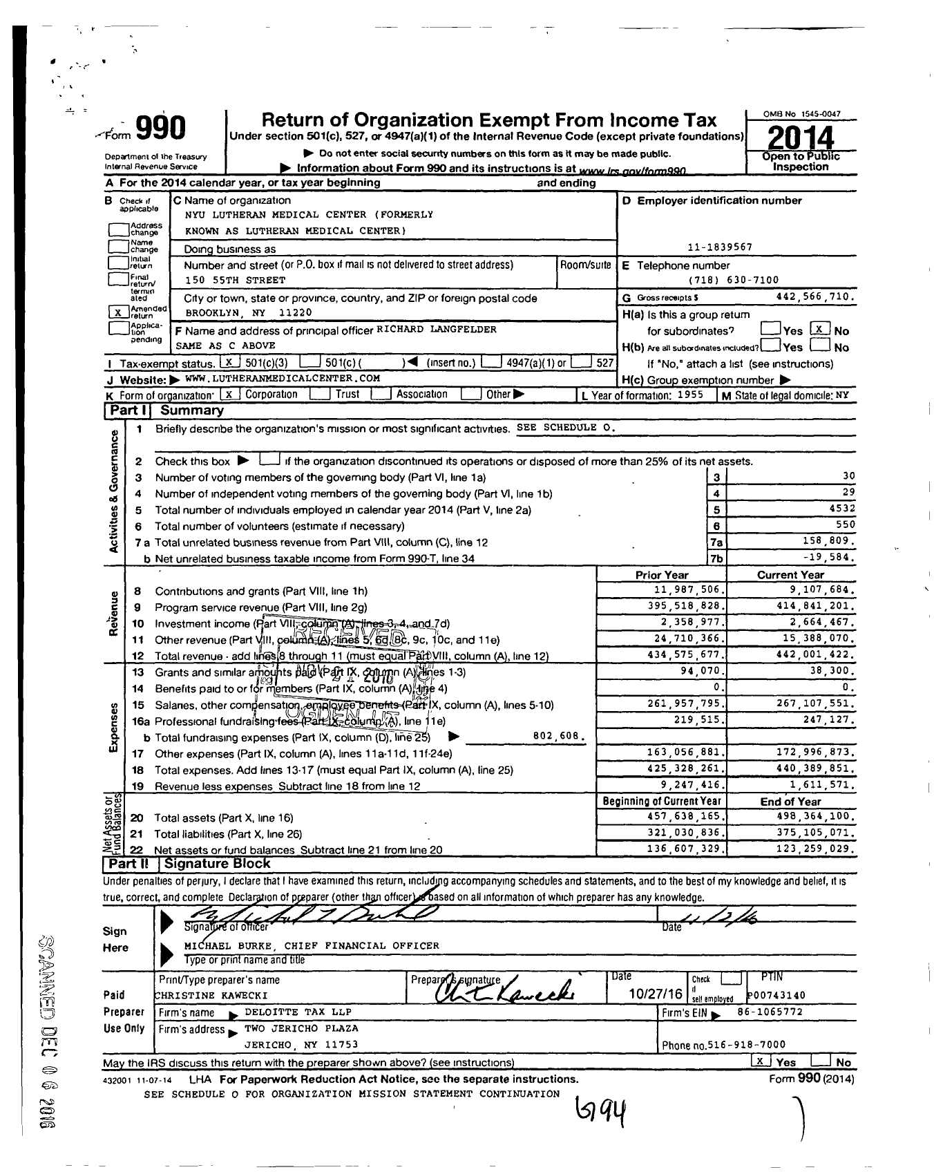 Image of first page of 2014 Form 990 for Nyu Lutheran Medical Center
