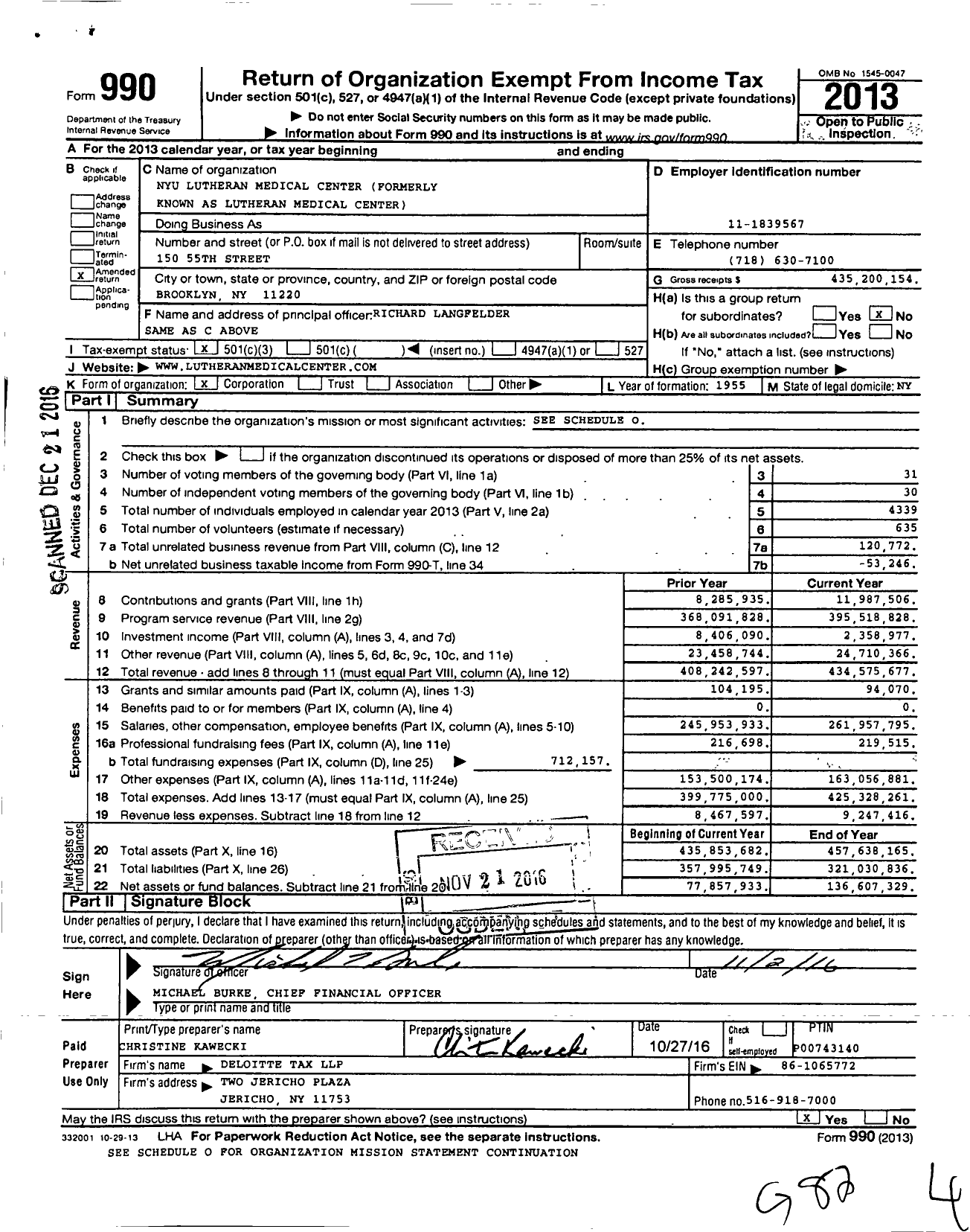 Image of first page of 2013 Form 990 for Nyu Lutheran Medical Center