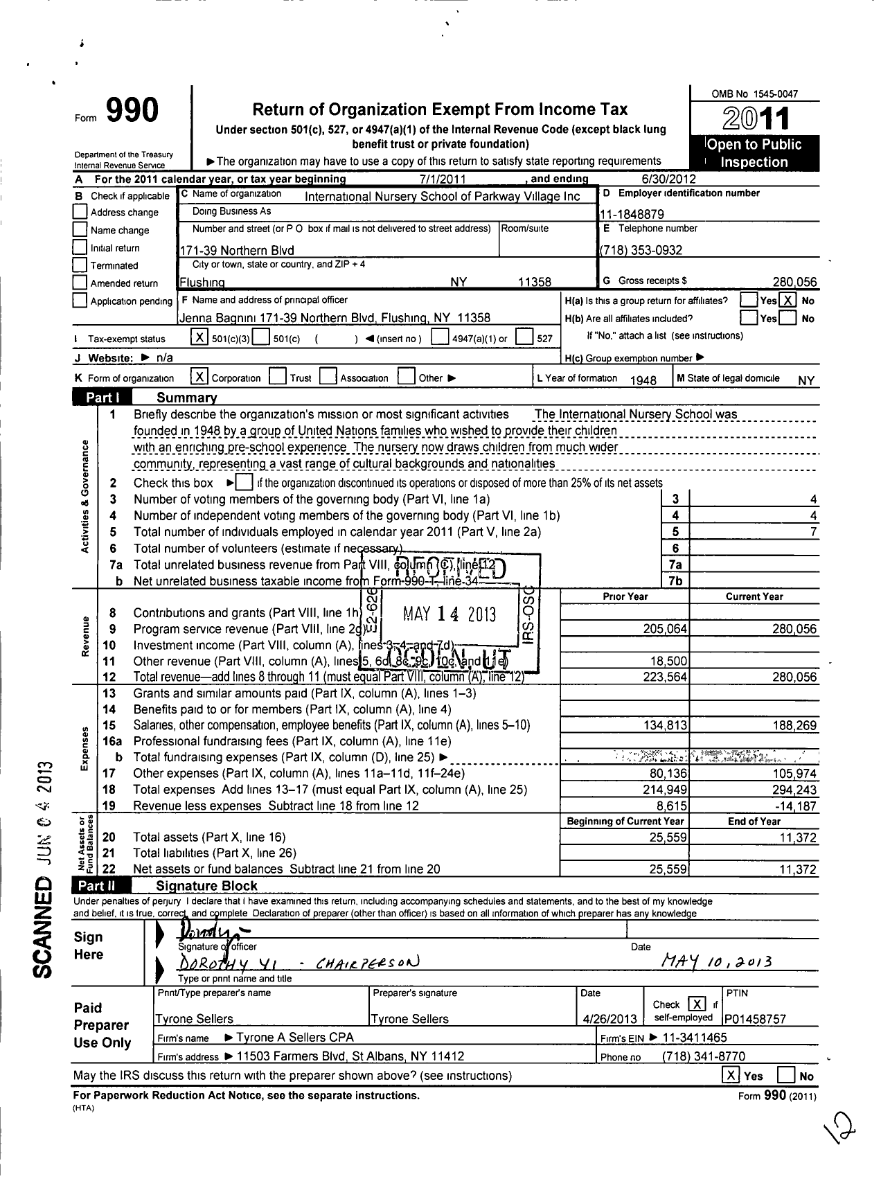 Image of first page of 2011 Form 990 for International Nursery School of Parkway Village