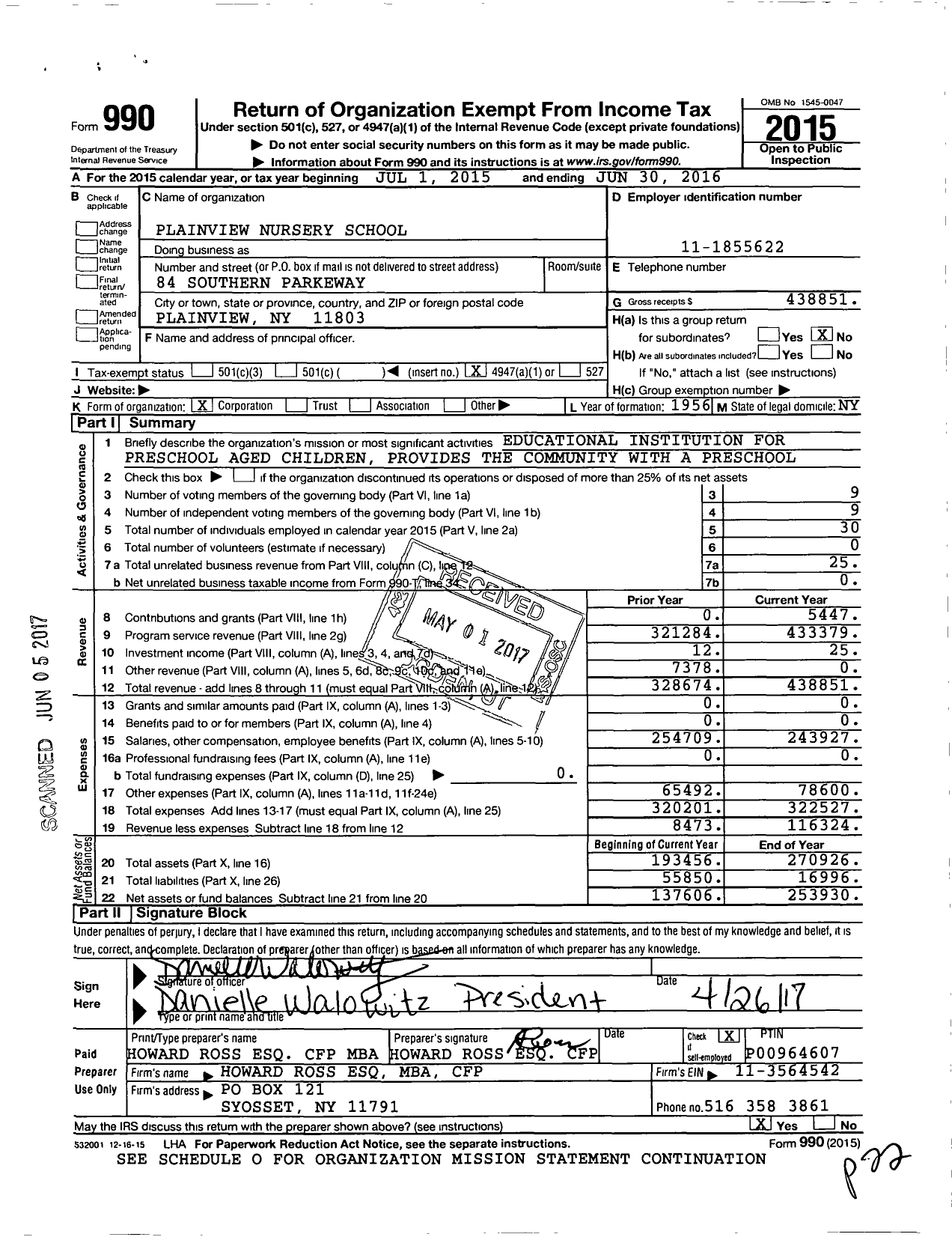 Image of first page of 2015 Form 990O for Plainview Nursery School