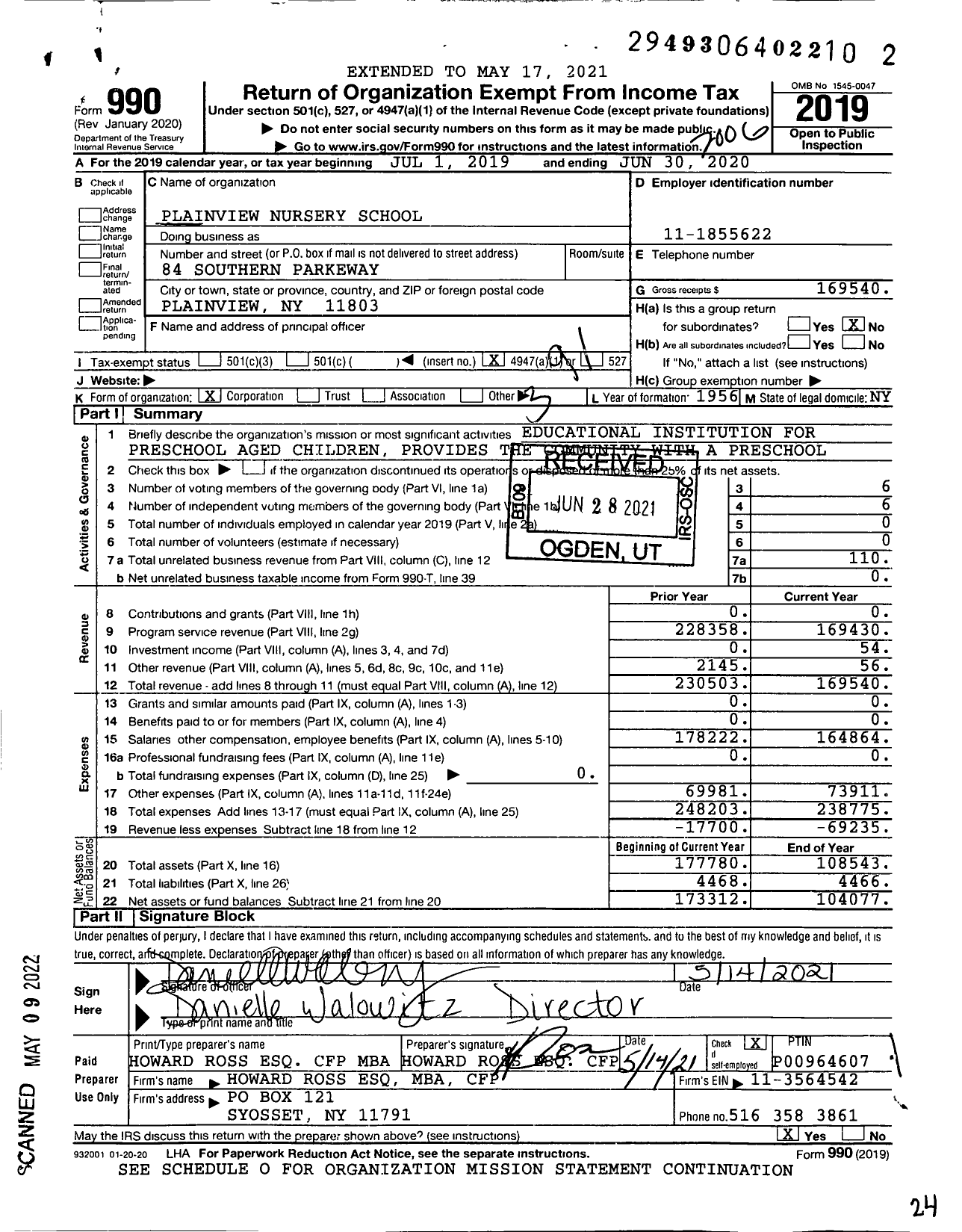 Image of first page of 2019 Form 990O for Plainview Nursery School