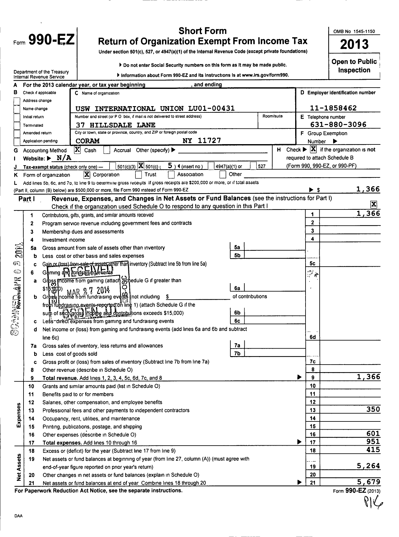 Image of first page of 2013 Form 990EO for United Steelworkers