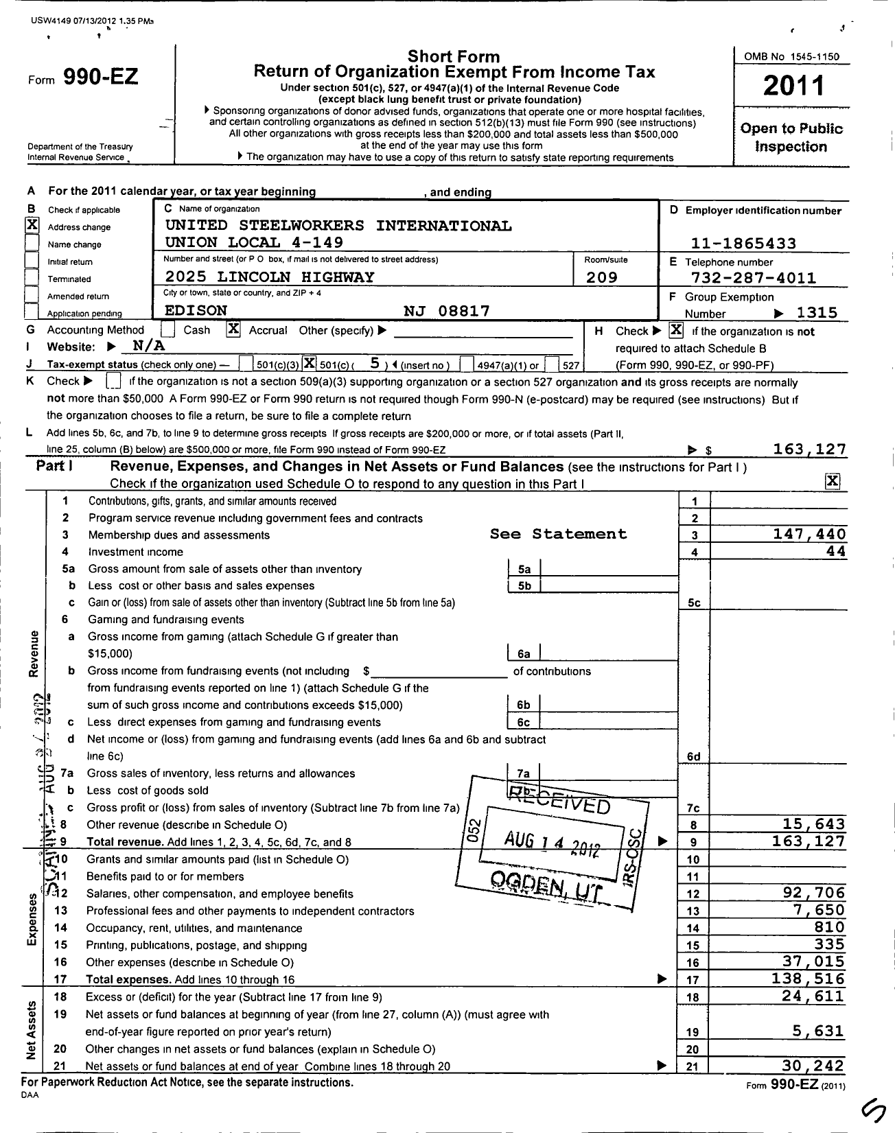 Image of first page of 2011 Form 990EO for United Steelworkers - 4-00149 Local