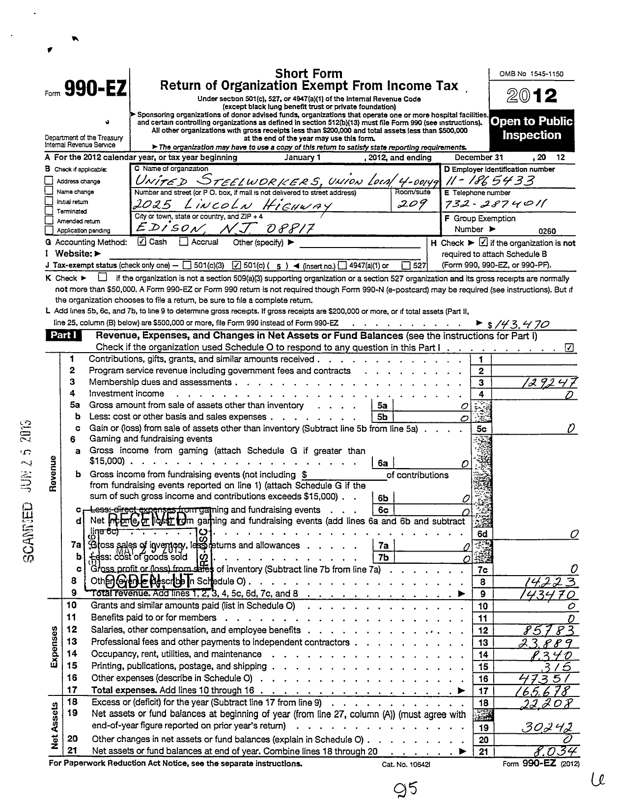 Image of first page of 2012 Form 990EO for United Steelworkers - 4-00149 Local