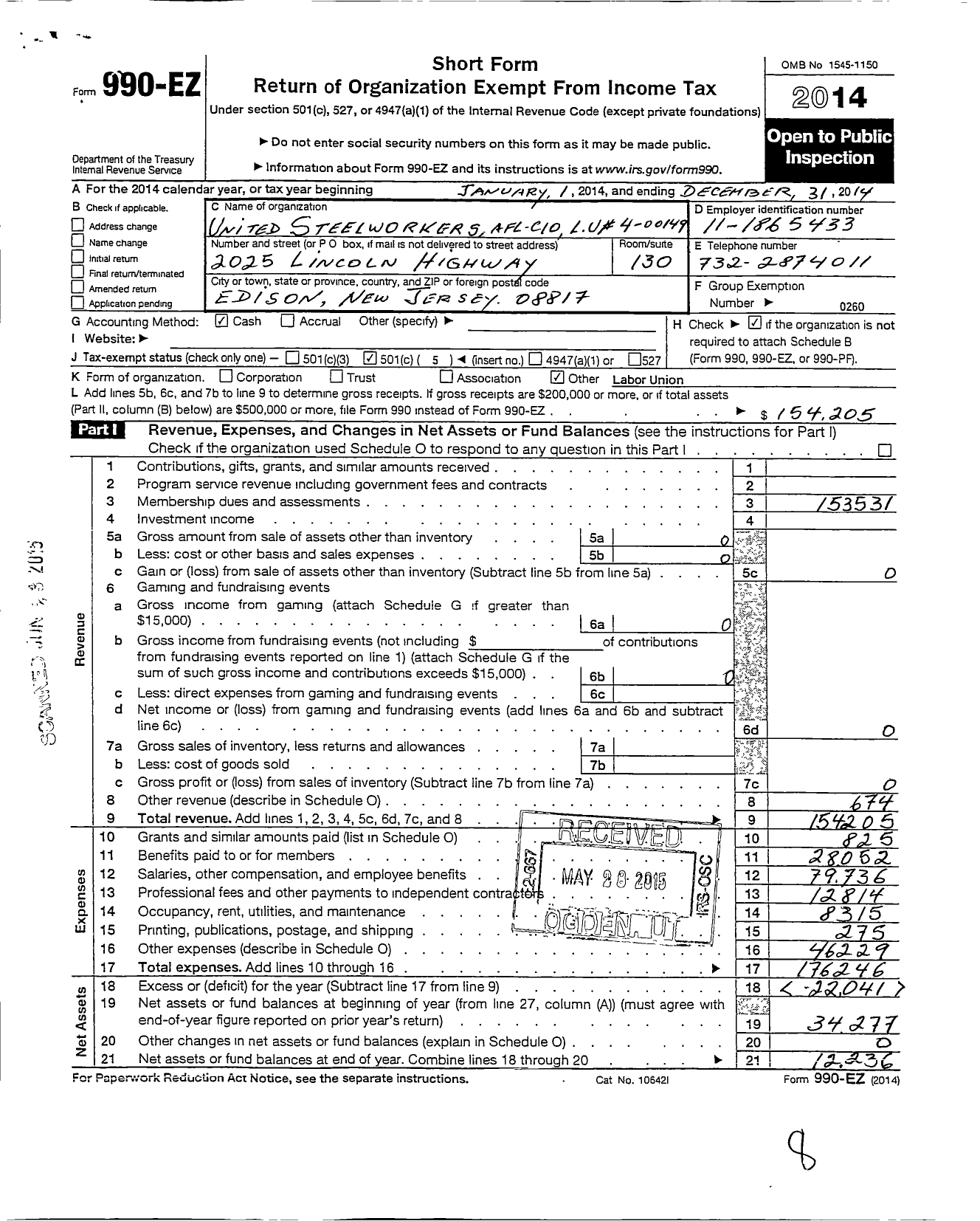 Image of first page of 2014 Form 990EO for United Steelworkers - 4-00149 Local