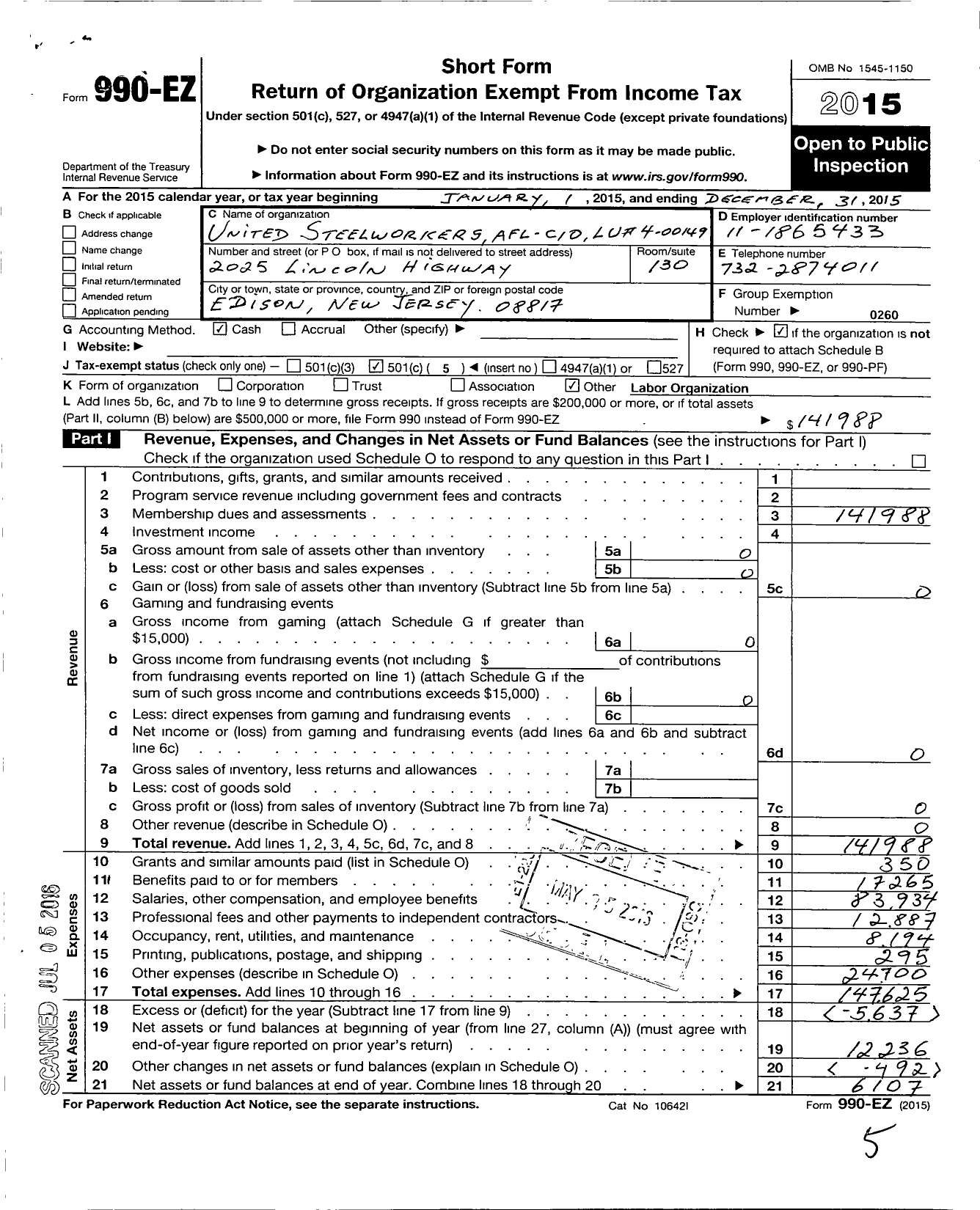 Image of first page of 2015 Form 990EO for United Steelworkers - 4-00149 Local