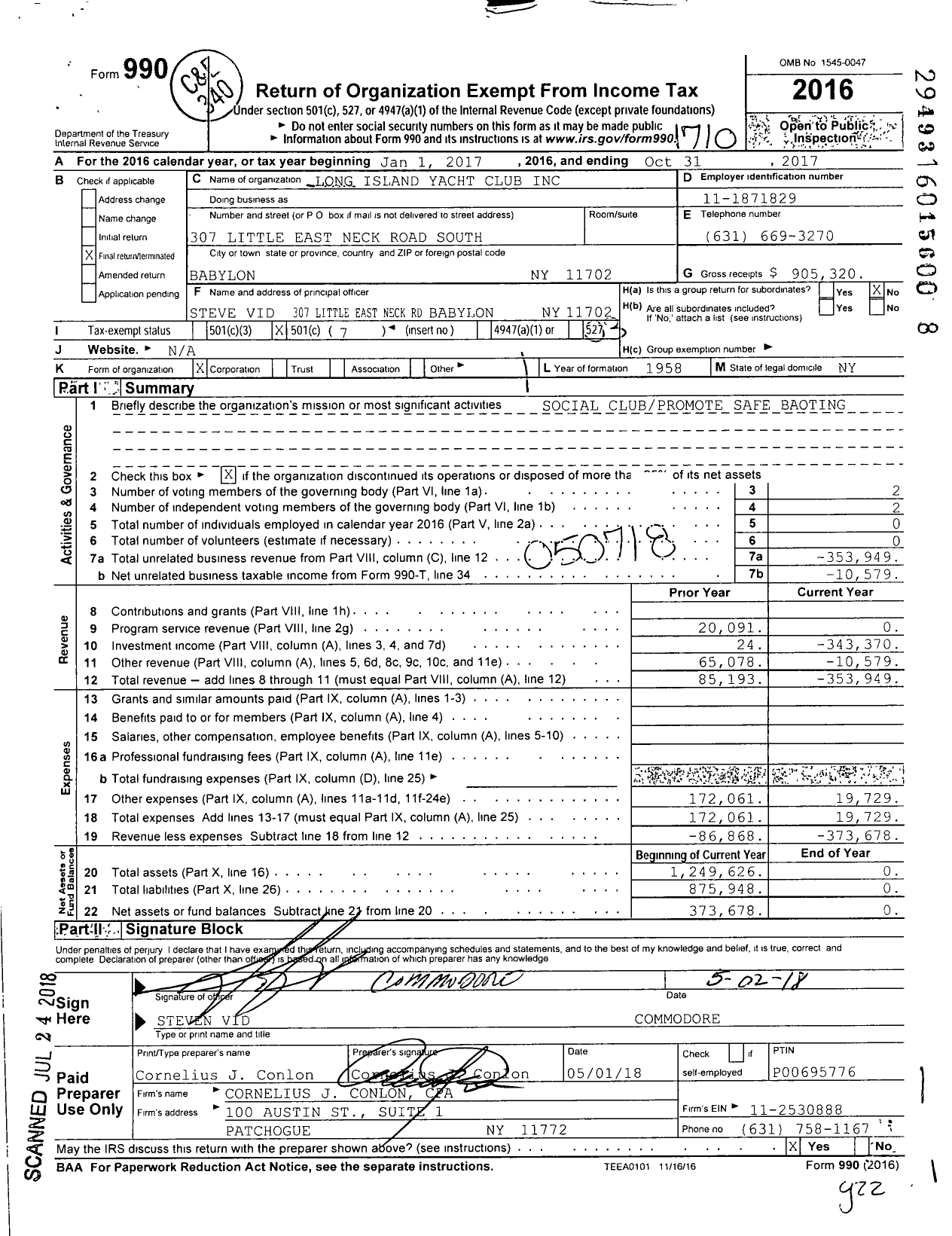 Image of first page of 2016 Form 990 for Long Island Yacht Club