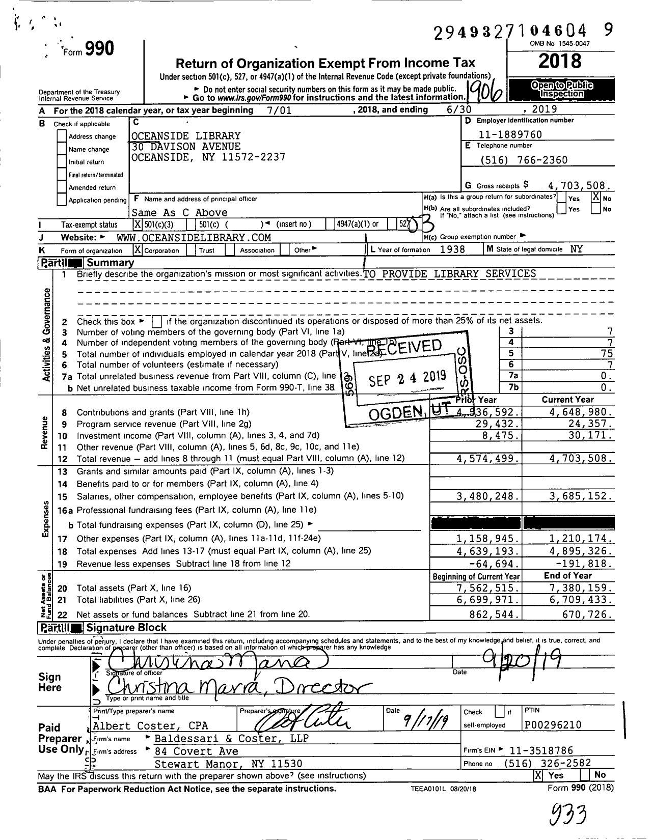 Image of first page of 2018 Form 990 for Oceanside Library