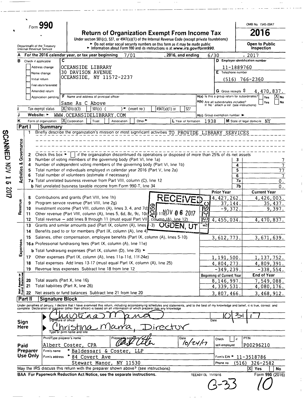 Image of first page of 2016 Form 990 for Oceanside Library