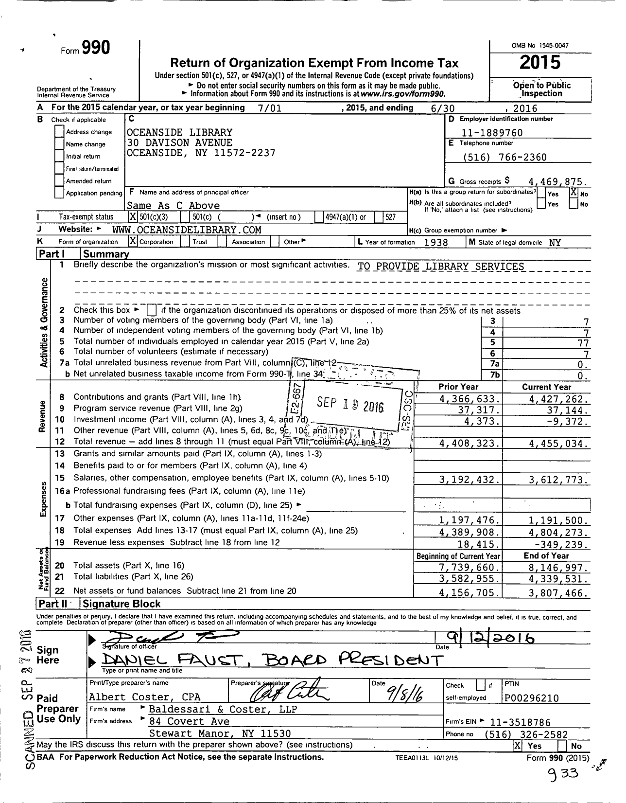 Image of first page of 2015 Form 990 for Oceanside Library