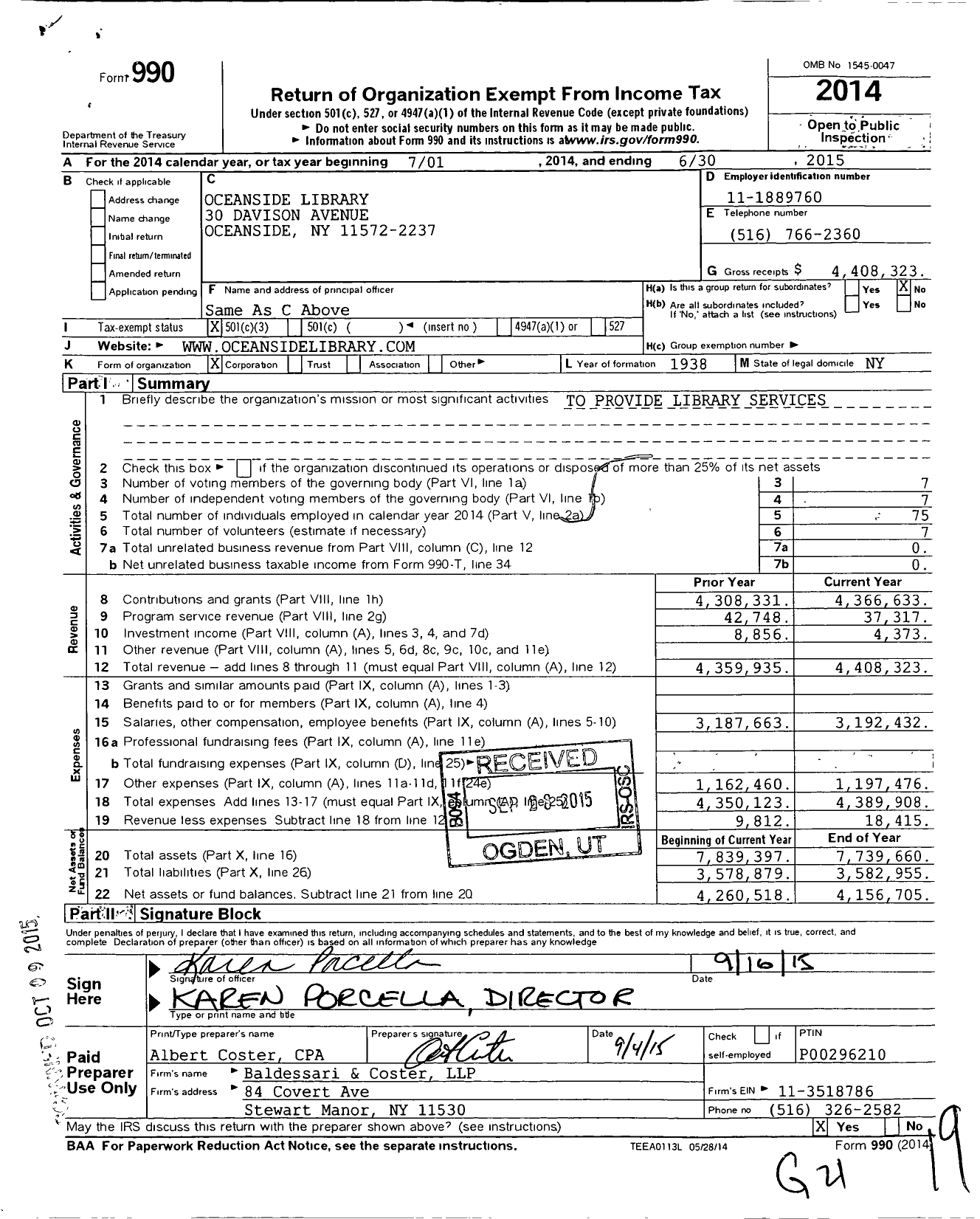 Image of first page of 2014 Form 990 for Oceanside Library