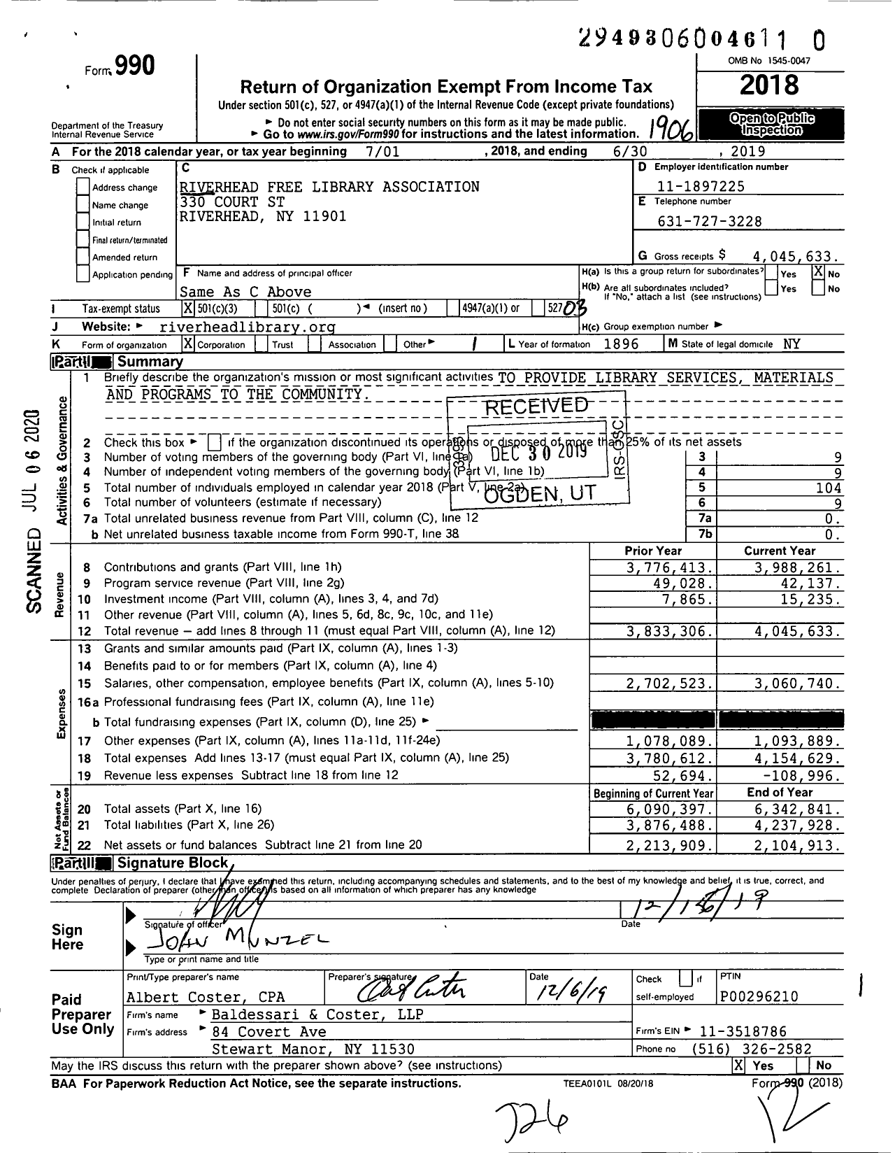 Image of first page of 2018 Form 990 for Riverhead Free Library Association