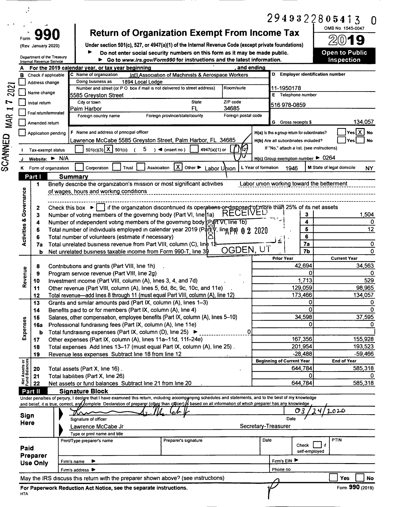 Image of first page of 2019 Form 990O for International Association of Machinists & Aerospace Workers 1894 Local Lodge